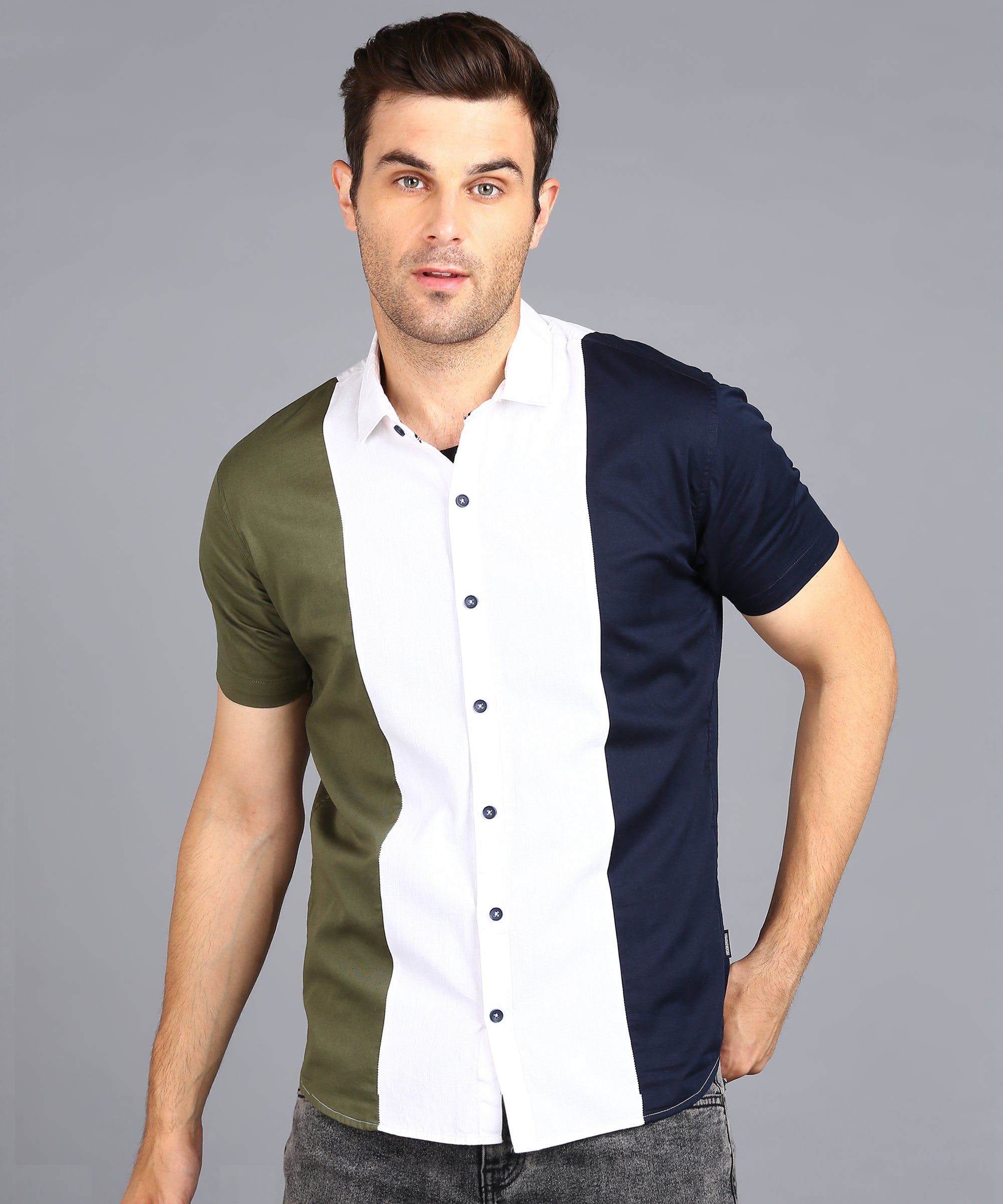 Men's Blue, White, Green Cotton Half Sleeve Slim Fit Casual Colorblock Shirt