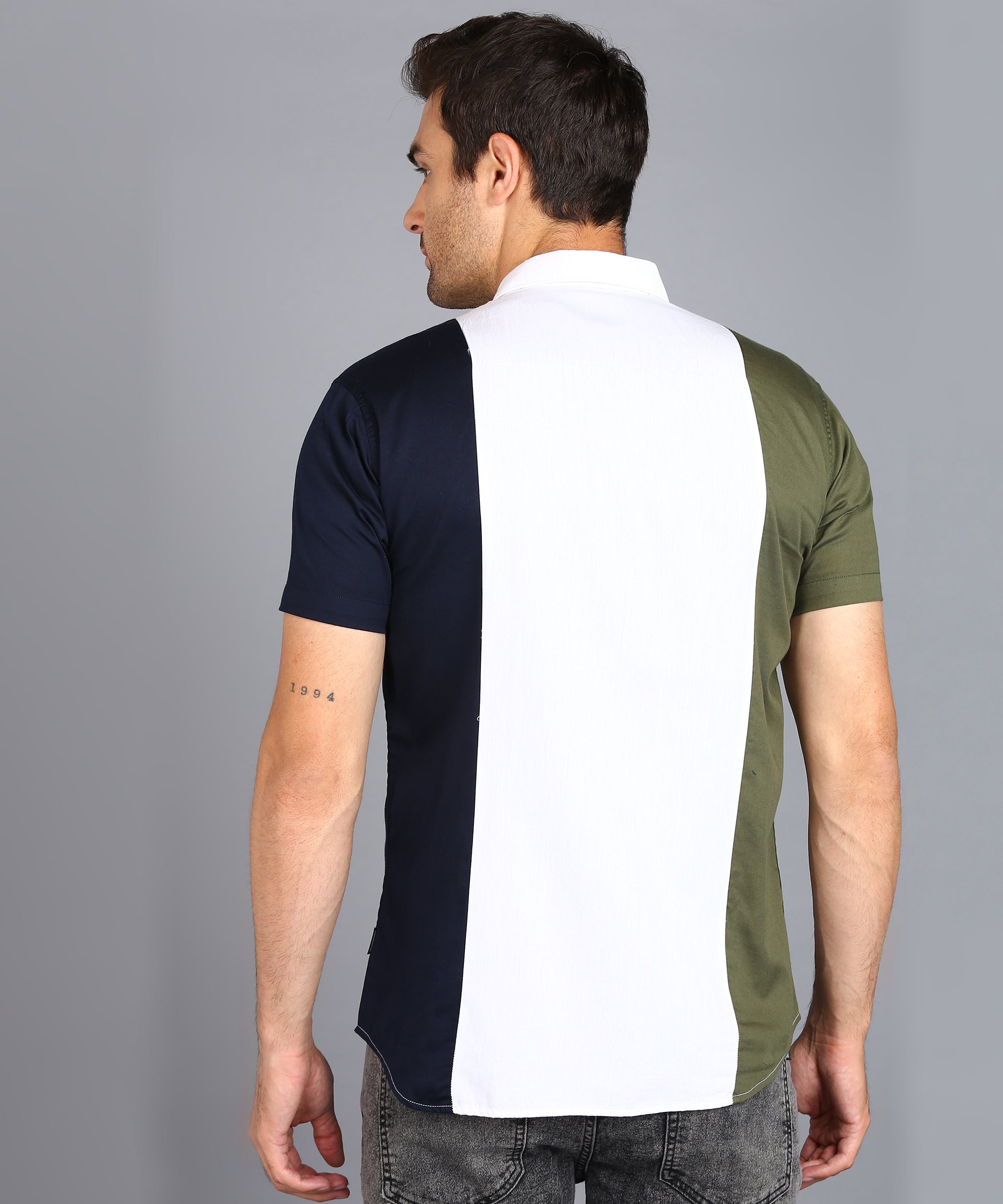 Men's Blue, White, Green Cotton Half Sleeve Slim Fit Casual Colorblock Shirt