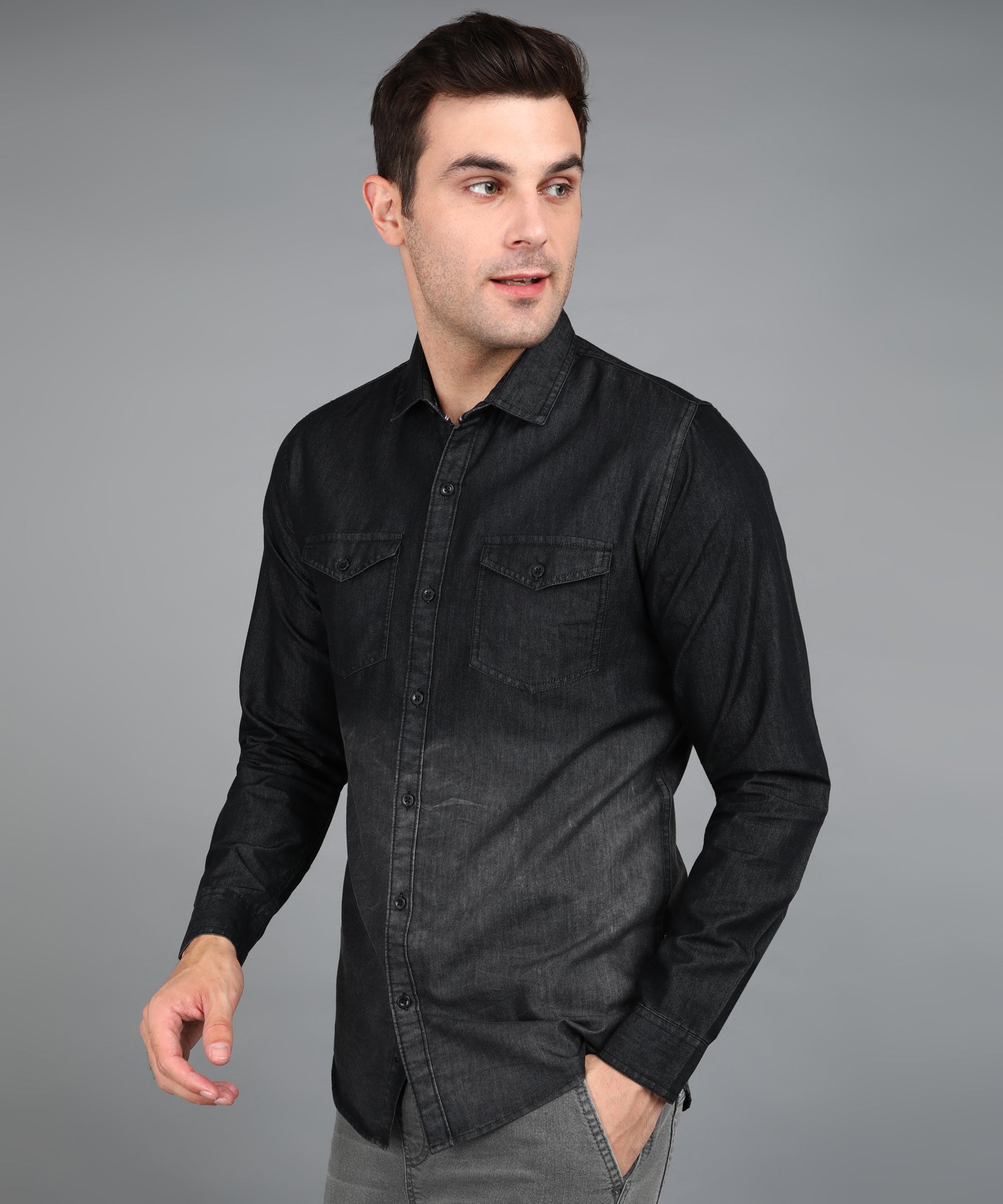 Men's Black Denim Full Sleeve Slim Fit Washed Casual Shirt