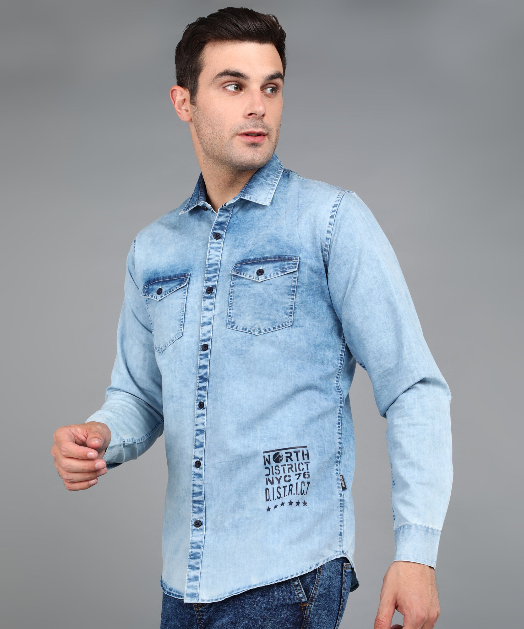 Men's Ice Blue Denim Full Sleeve Slim Fit Washed Casual Shirt