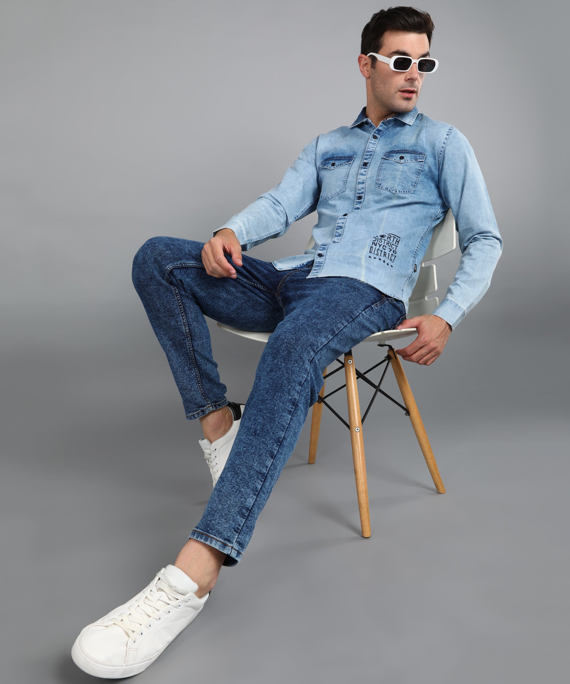 Men's Ice Blue Denim Full Sleeve Slim Fit Washed Casual Shirt