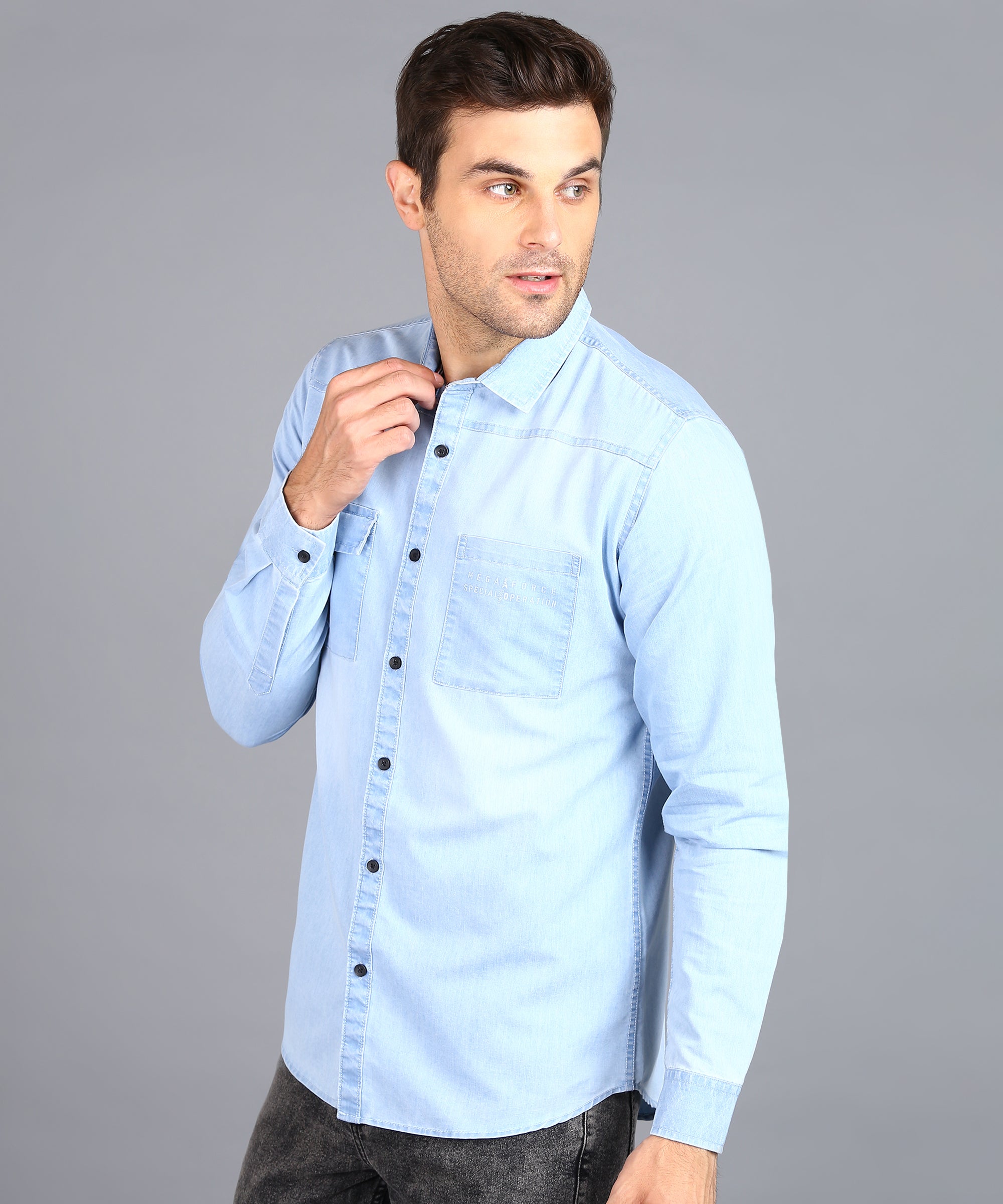 Men's Ice Blue Denim Full Sleeve Slim Fit Washed Casual Shirt