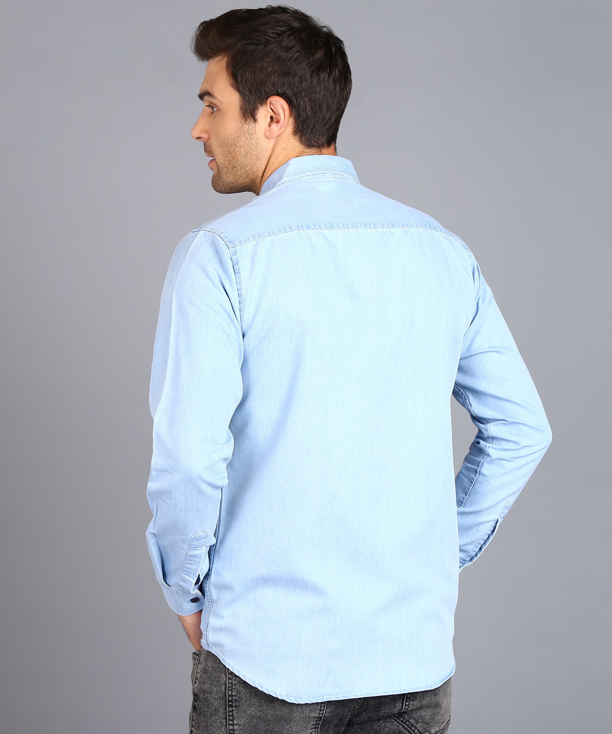 Men's Ice Blue Denim Full Sleeve Slim Fit Washed Casual Shirt