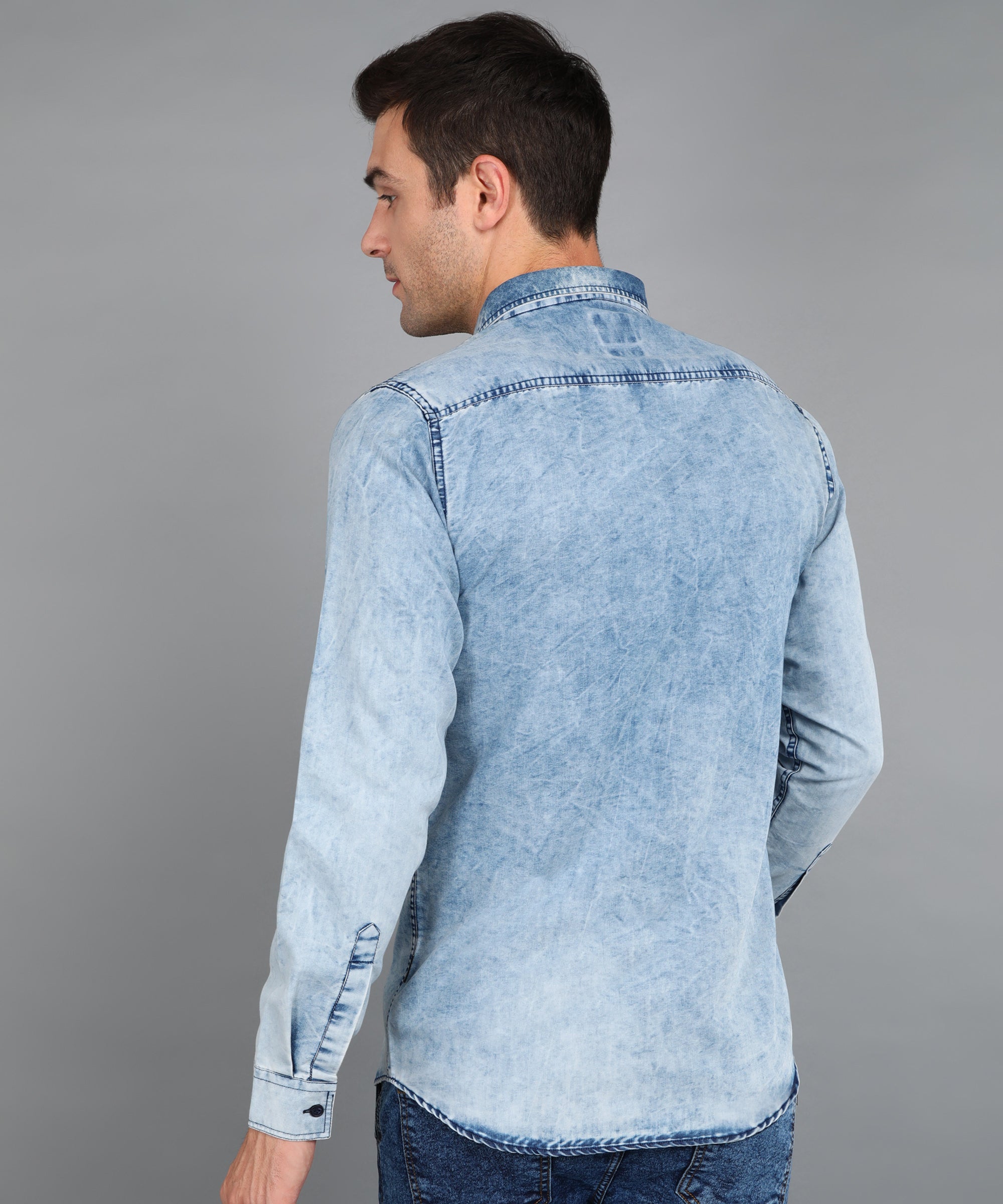 Men's Ice Blue Denim Full Sleeve Slim Fit Washed Casual Shirt