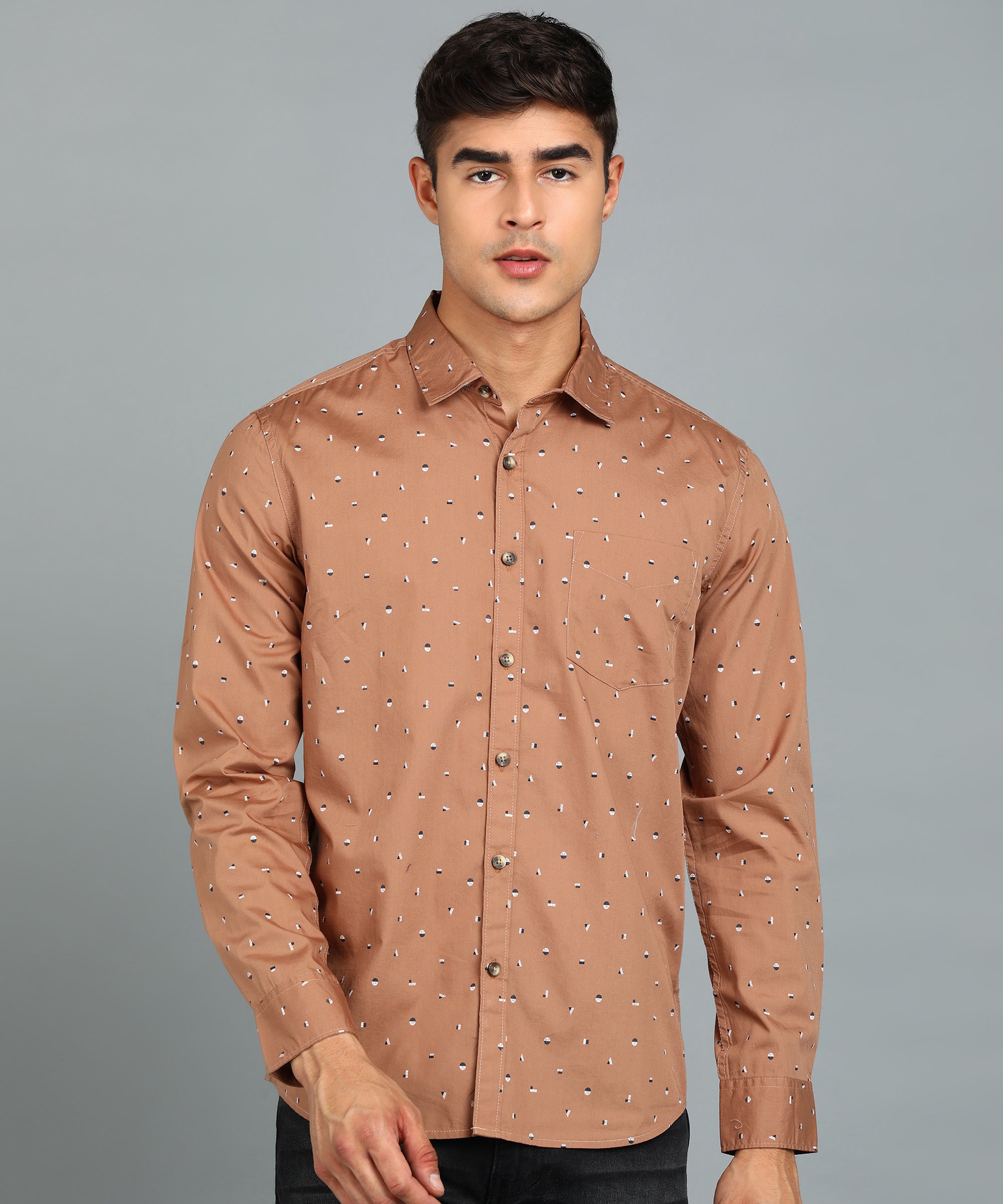 Men's Brown Cotton Full Sleeve Slim Fit Casual Printed Shirt