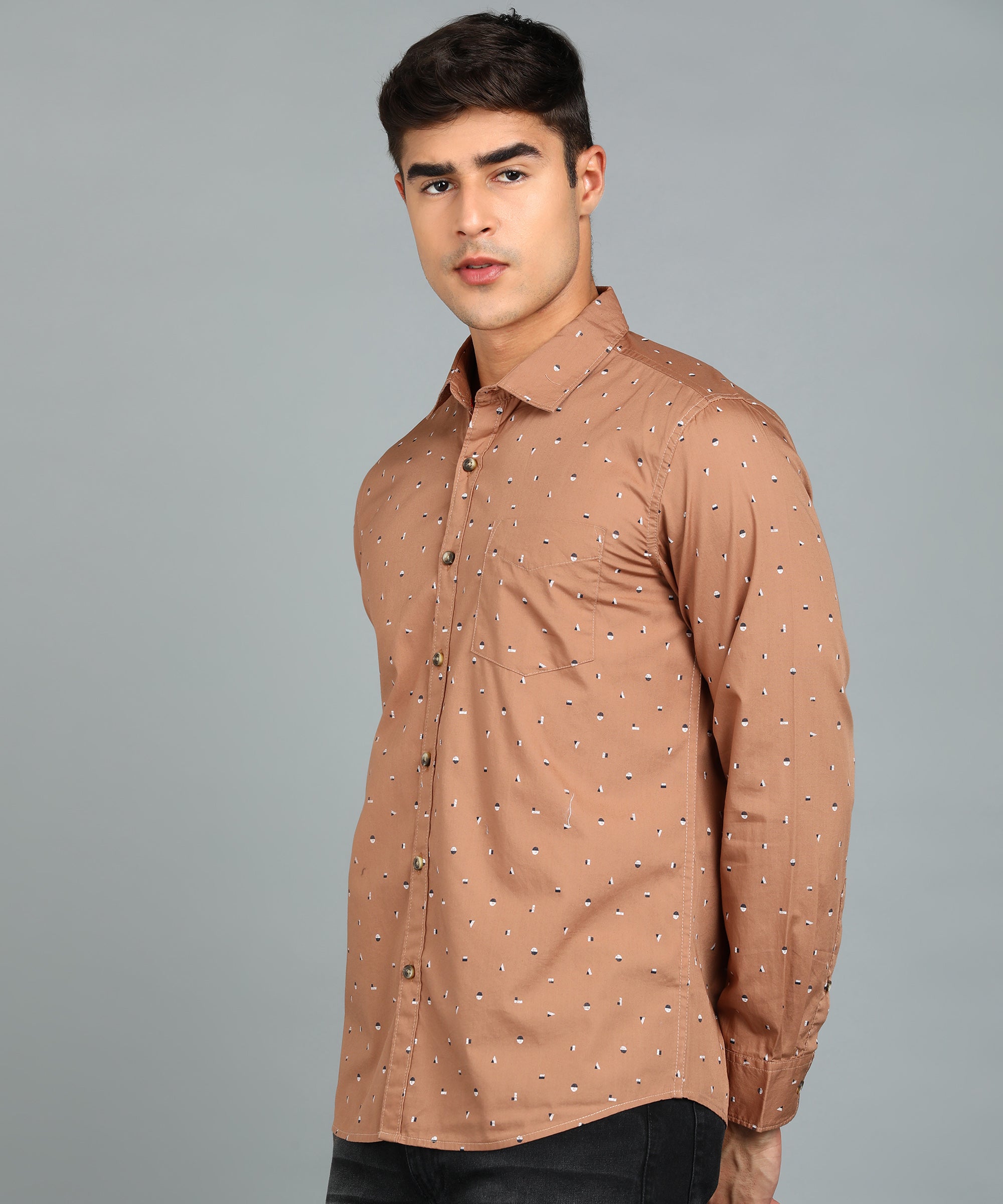 Men's Brown Cotton Full Sleeve Slim Fit Casual Printed Shirt