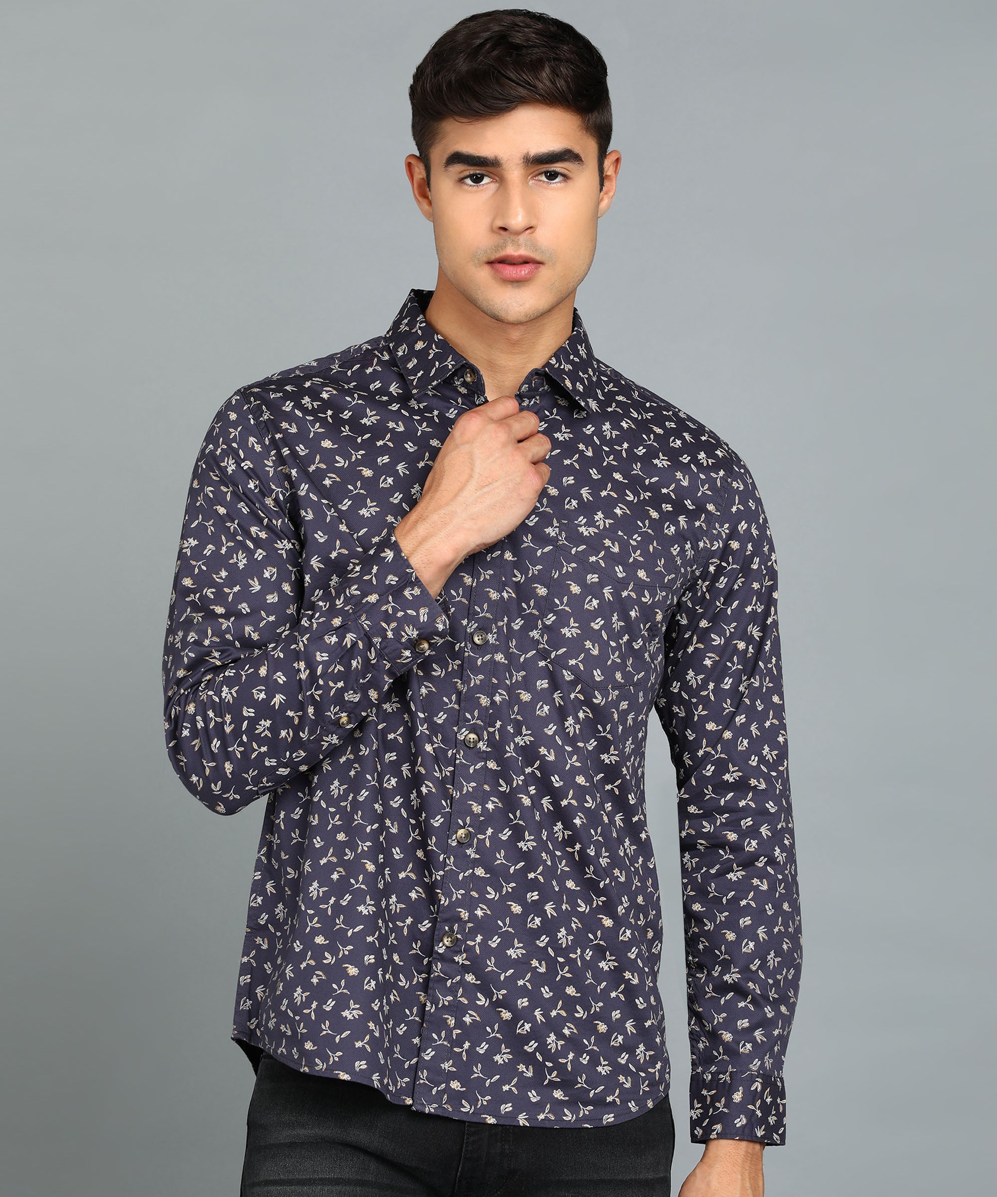 Men's Navy Blue Cotton Full Sleeve Slim Fit Casual Printed Shirt