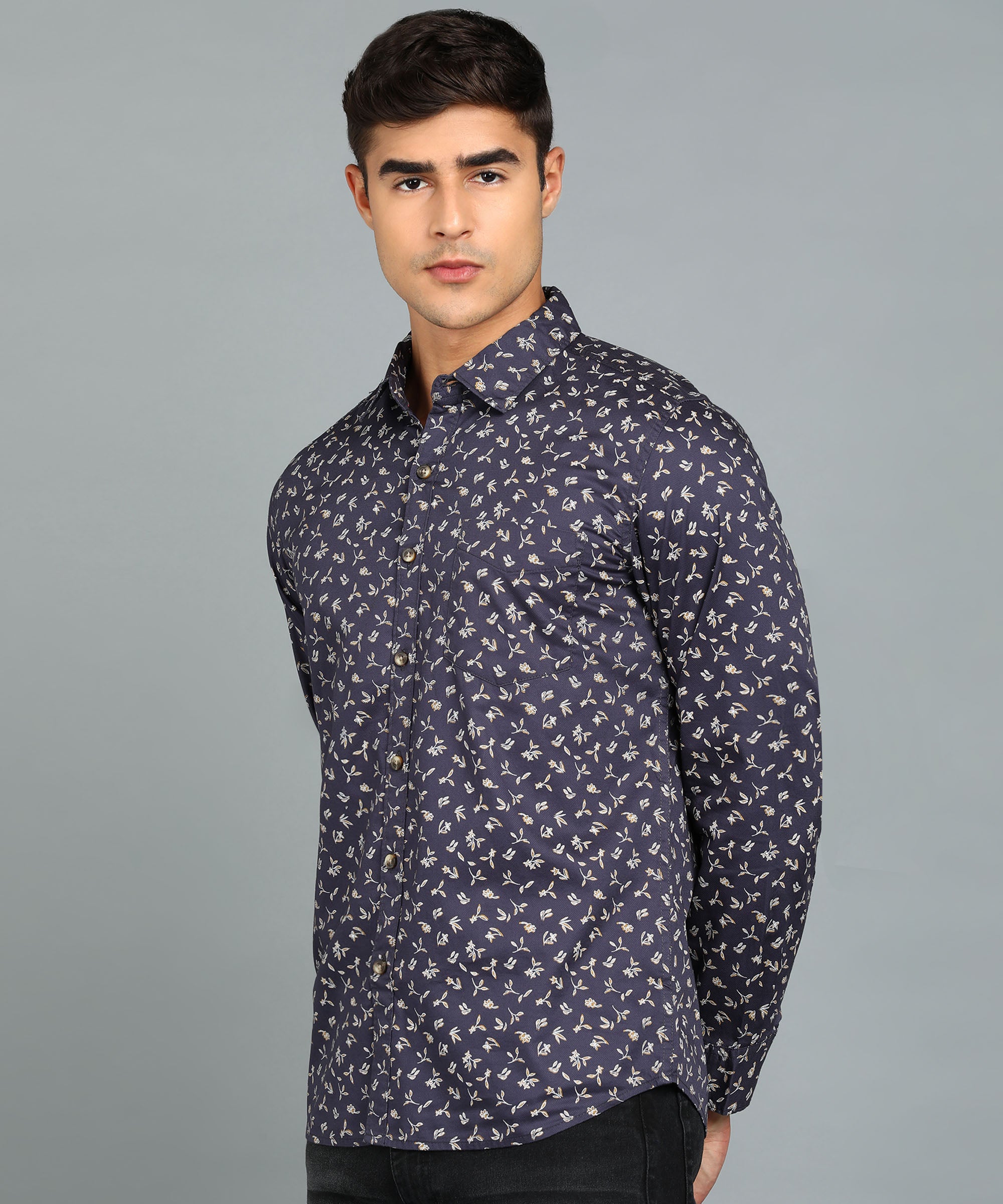 Men's Navy Blue Cotton Full Sleeve Slim Fit Casual Printed Shirt