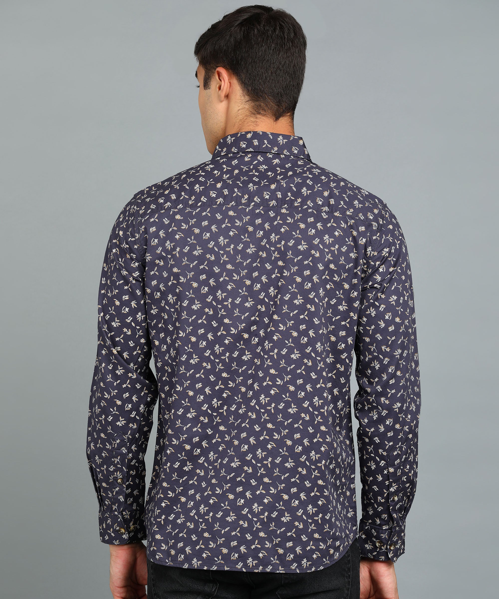 Men's Navy Blue Cotton Full Sleeve Slim Fit Casual Printed Shirt