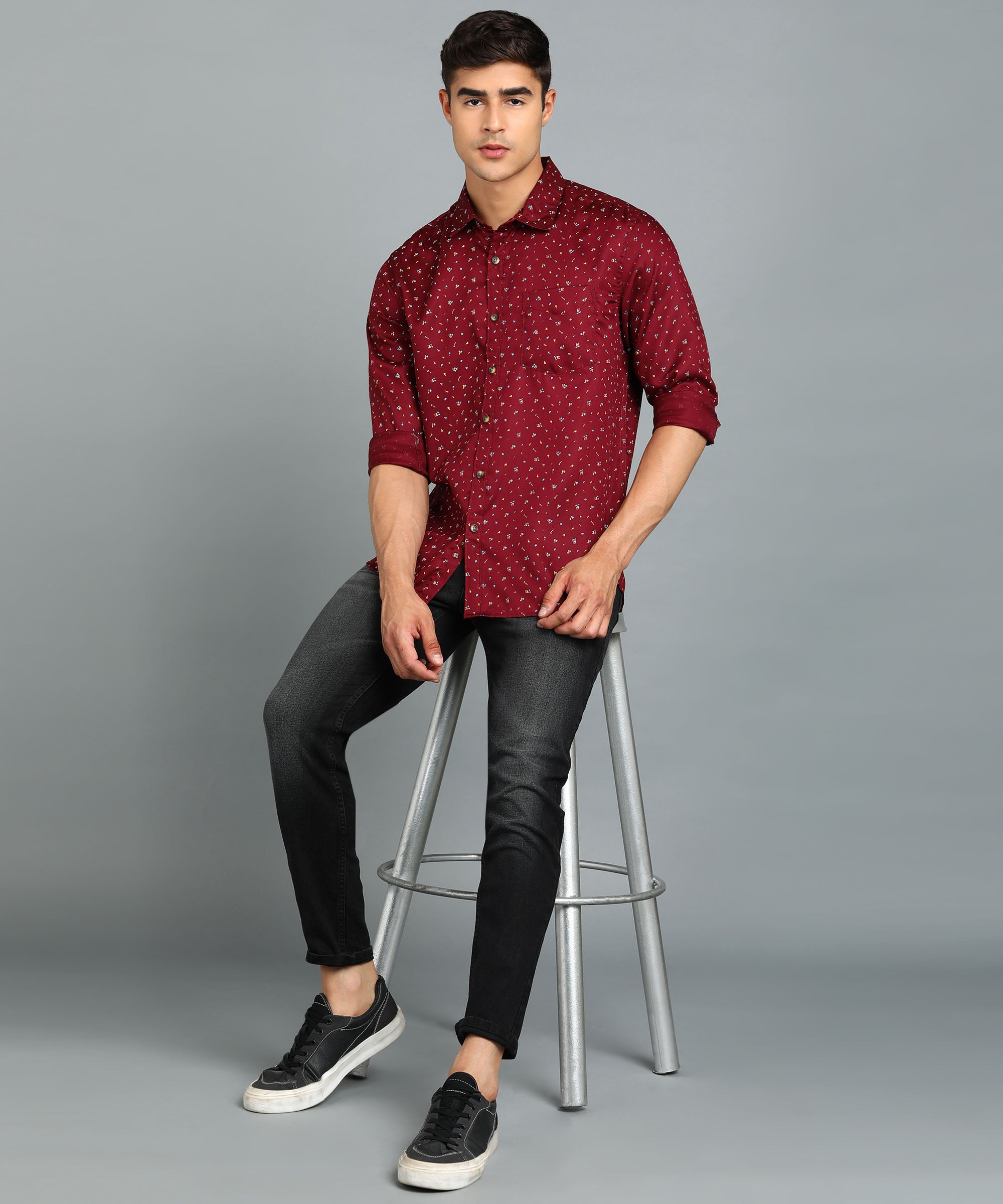 Men's Maroon Cotton Full Sleeve Slim Fit Casual Printed Shirt