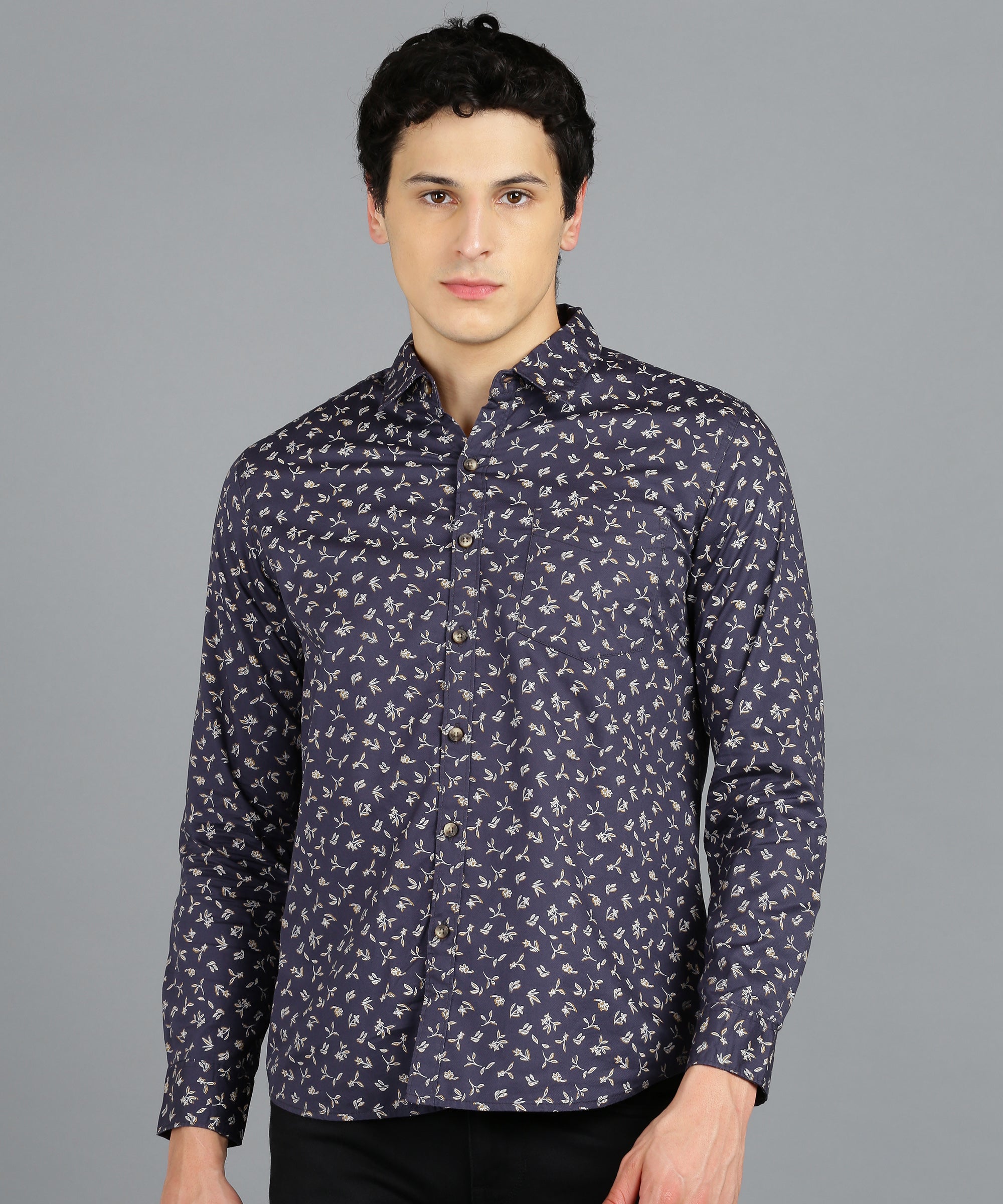 Men's Navy Blue Cotton Full Sleeve Slim Fit Casual Printed Shirt