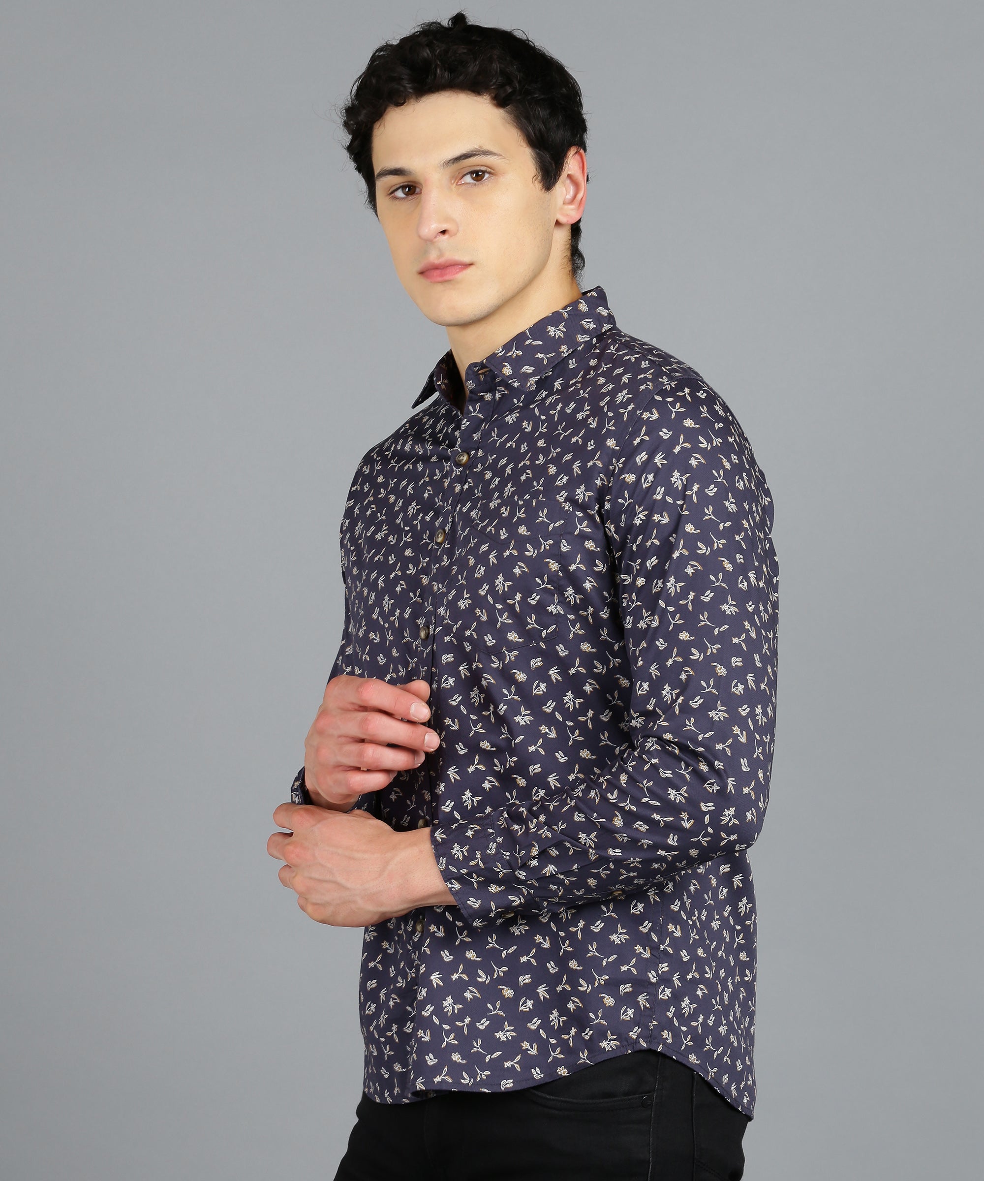 Men's Navy Blue Cotton Full Sleeve Slim Fit Casual Printed Shirt