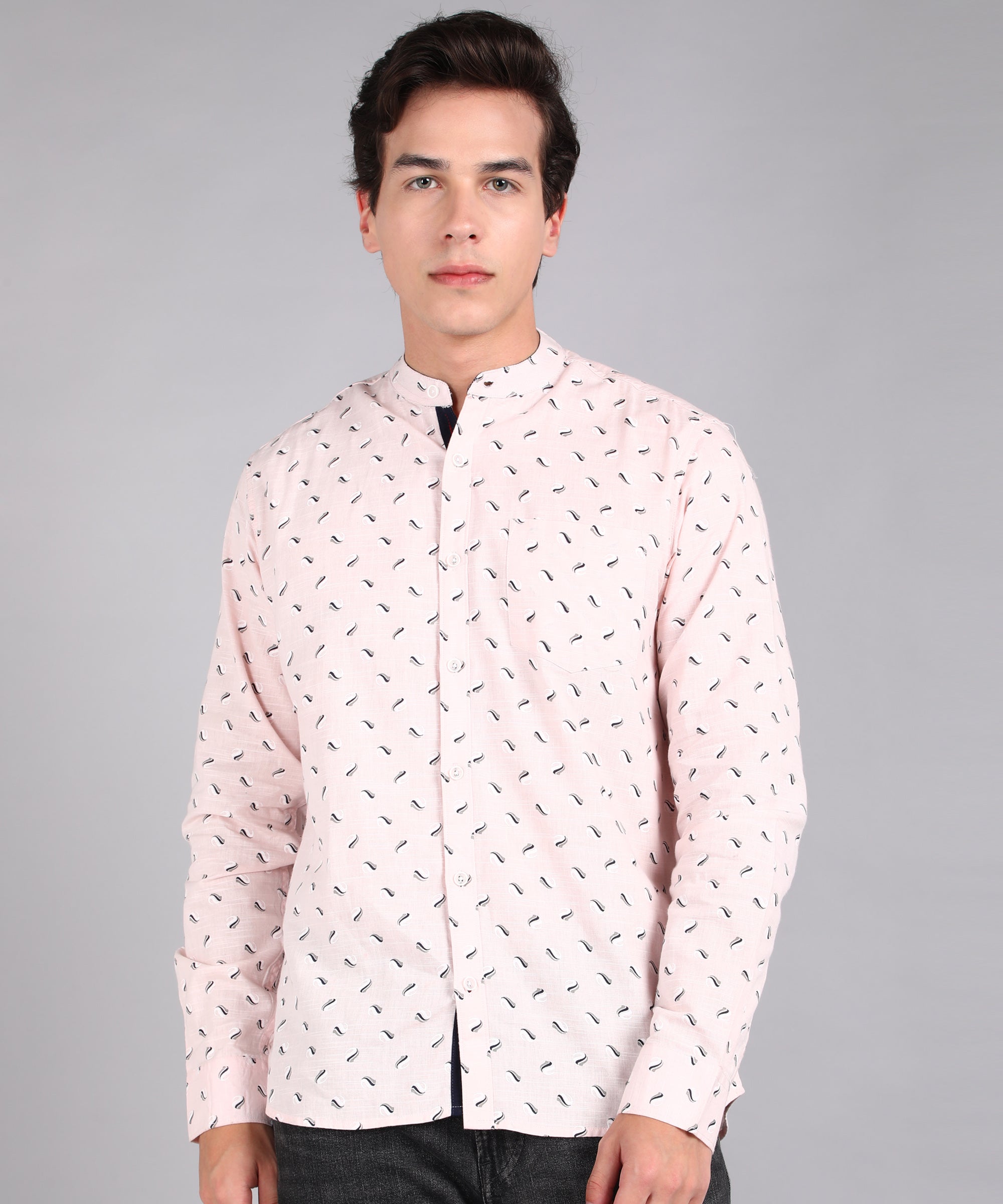 Men's Pink Cotton Full Sleeve Slim Fit Casual Printed Shirt with Mandarin Collar