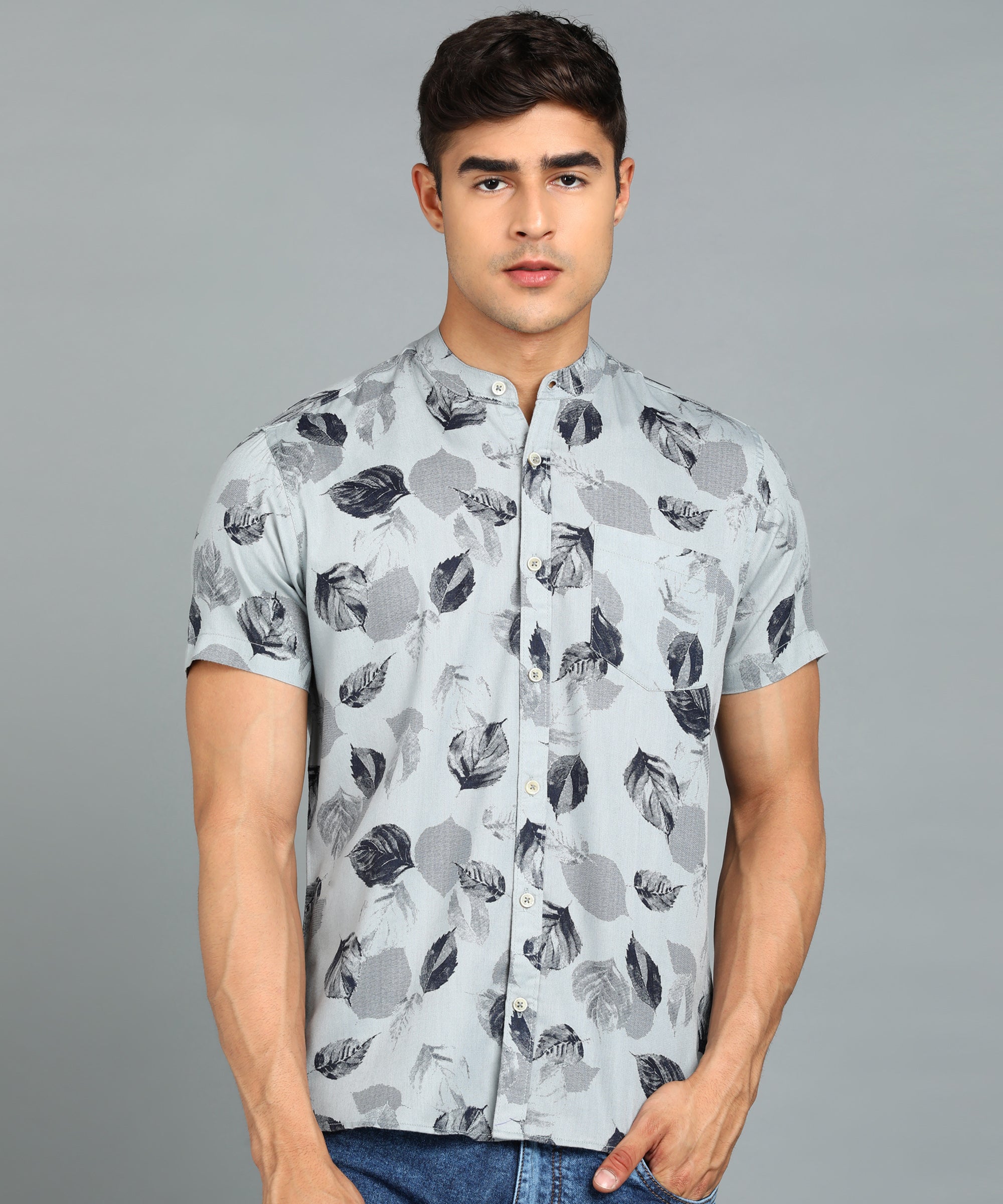 Men's Grey Cotton Half Sleeve Slim Fit Casual Floral Printed Shirt