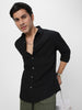 Men's Black Cotton Full Sleeve Regular Fit Textured Shirt with Spread Collar