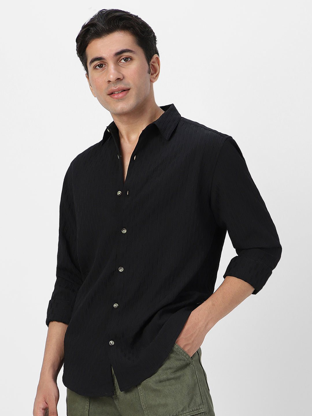 Men's Black Cotton Full Sleeve Regular Fit Textured Shirt with Spread Collar