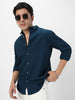 Men's Blue Cotton Full Sleeve Regular Fit Textured Shirt with Spread Collar