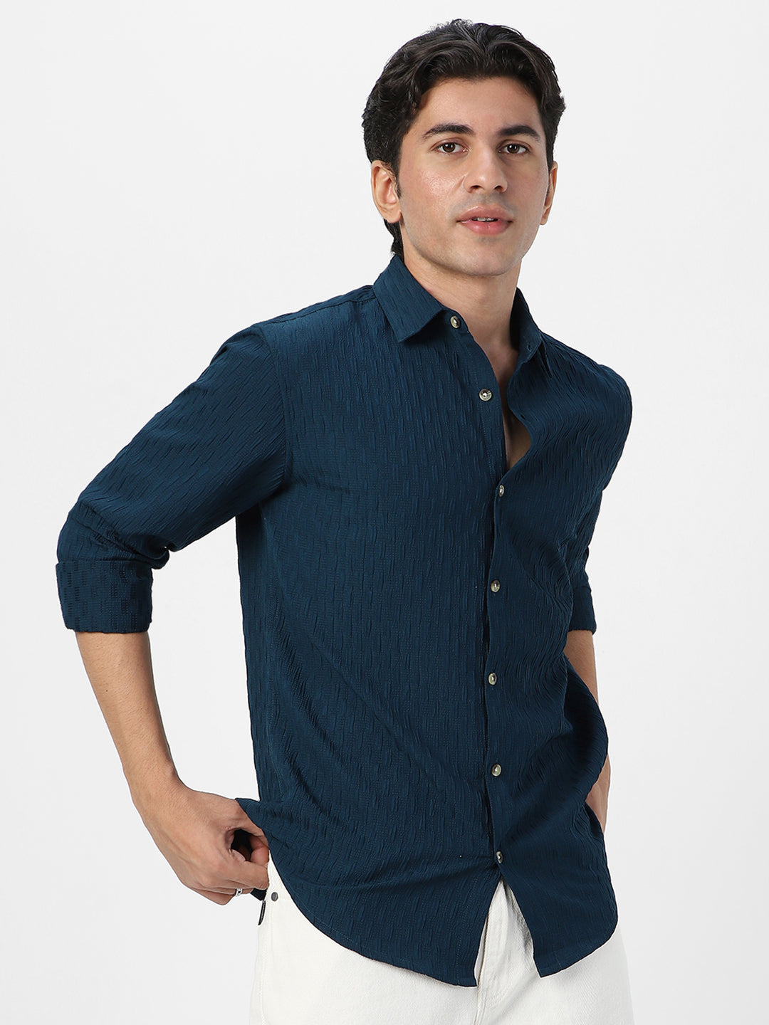 Men's Blue Cotton Full Sleeve Regular Fit Textured Shirt with Spread Collar