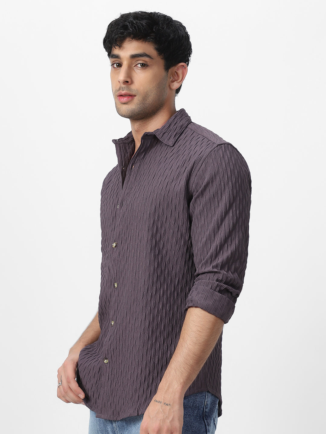 Men's Dark Lavender Cotton Full Sleeve Regular Fit Textured Shirt with Spread Collar