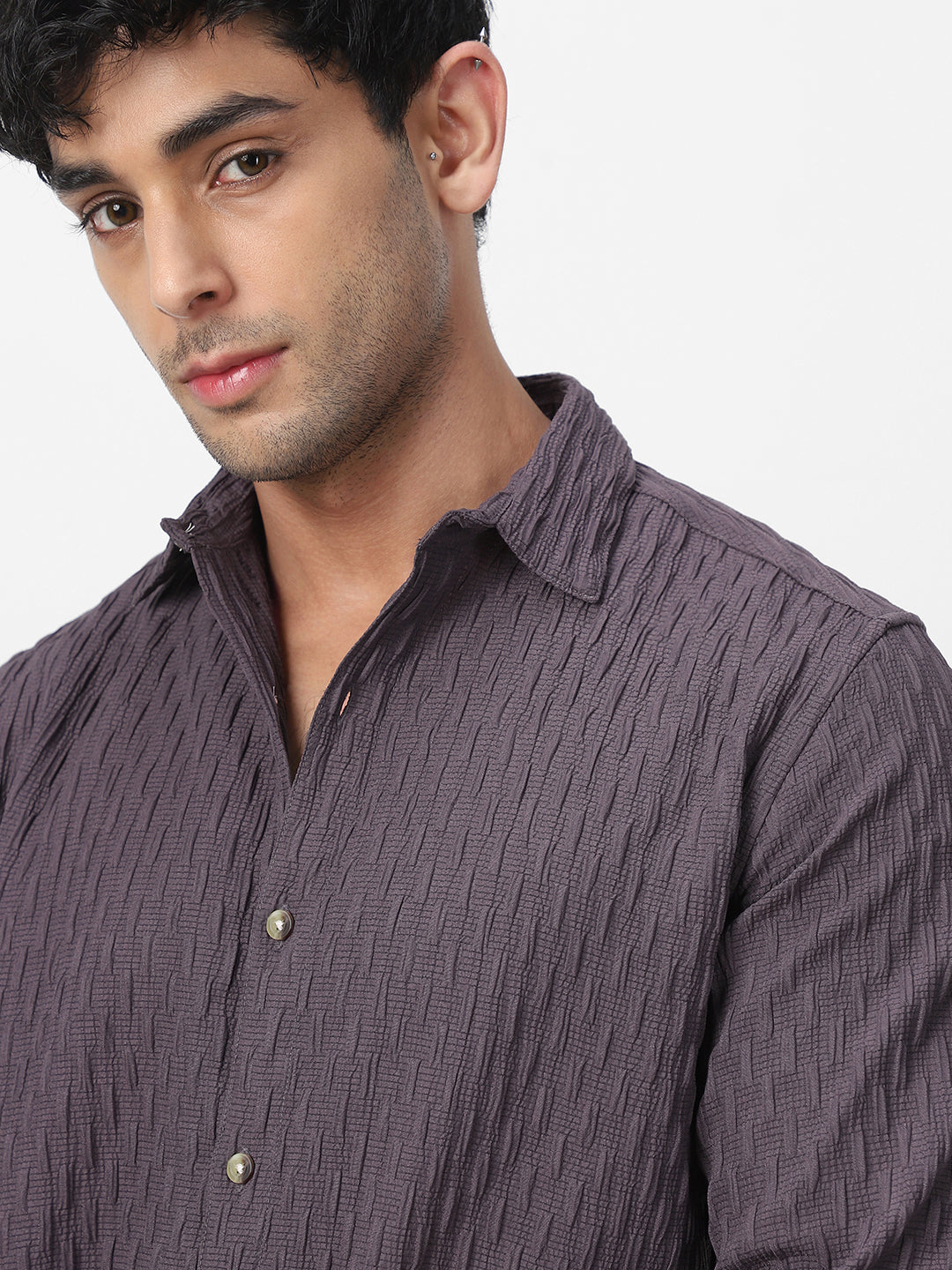 Men's Dark Lavender Cotton Full Sleeve Regular Fit Textured Shirt with Spread Collar