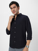 Men's Navy Cotton Full Sleeve Regular Fit Textured Shirt with Spread Collar