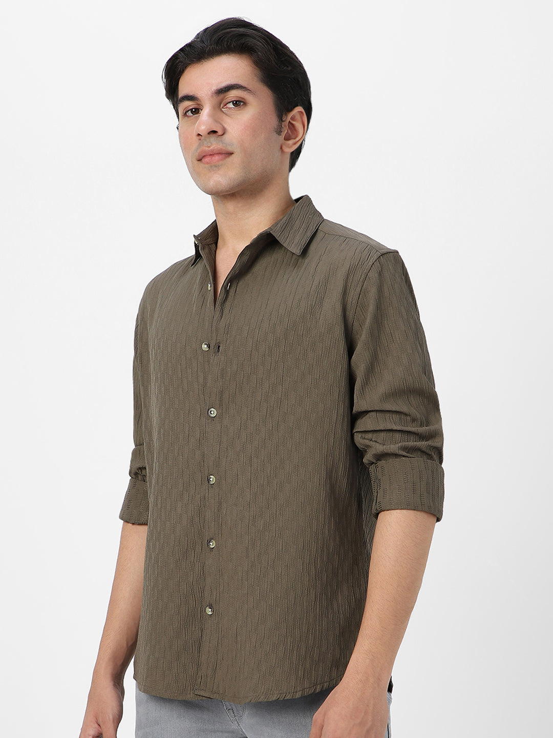 Men's Olive Green Cotton Full Sleeve Regular Fit Textured Shirt with Spread Collar