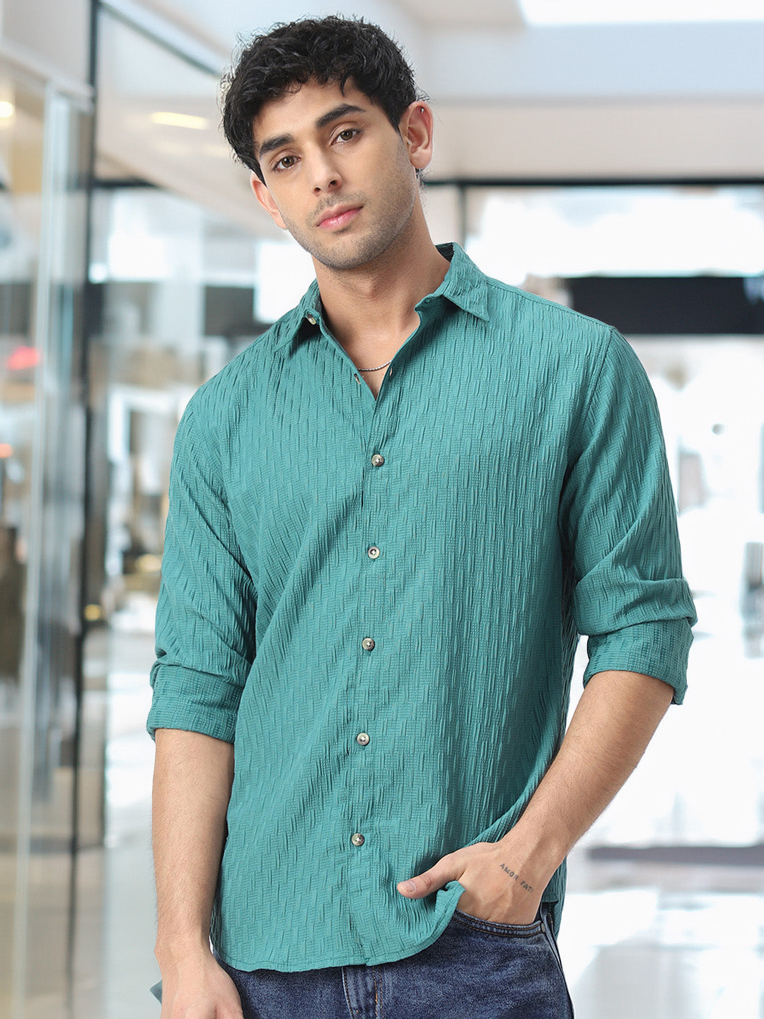 Men's Turquoise Cotton Full Sleeve Regular Fit Textured Shirt with Spread Collar