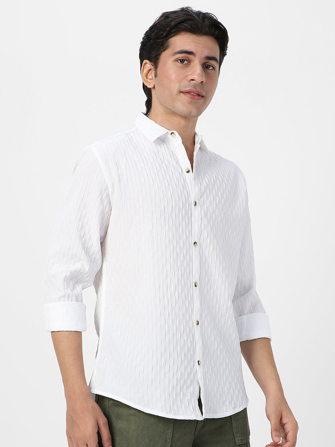 Men's White Cotton Full Sleeve Regular Fit Textured Shirt with Spread Collar