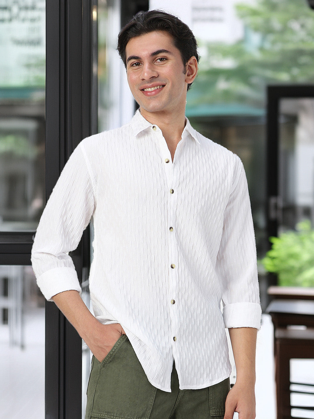 Men's White Cotton Full Sleeve Regular Fit Textured Shirt with Spread Collar