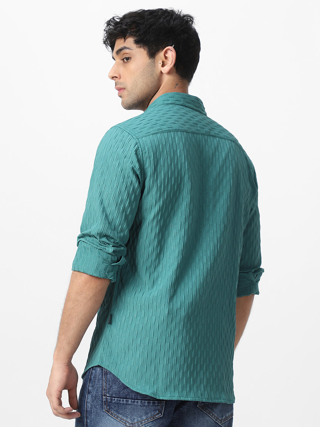 Men's Turquoise Cotton Full Sleeve Regular Fit Textured Shirt with Spread Collar