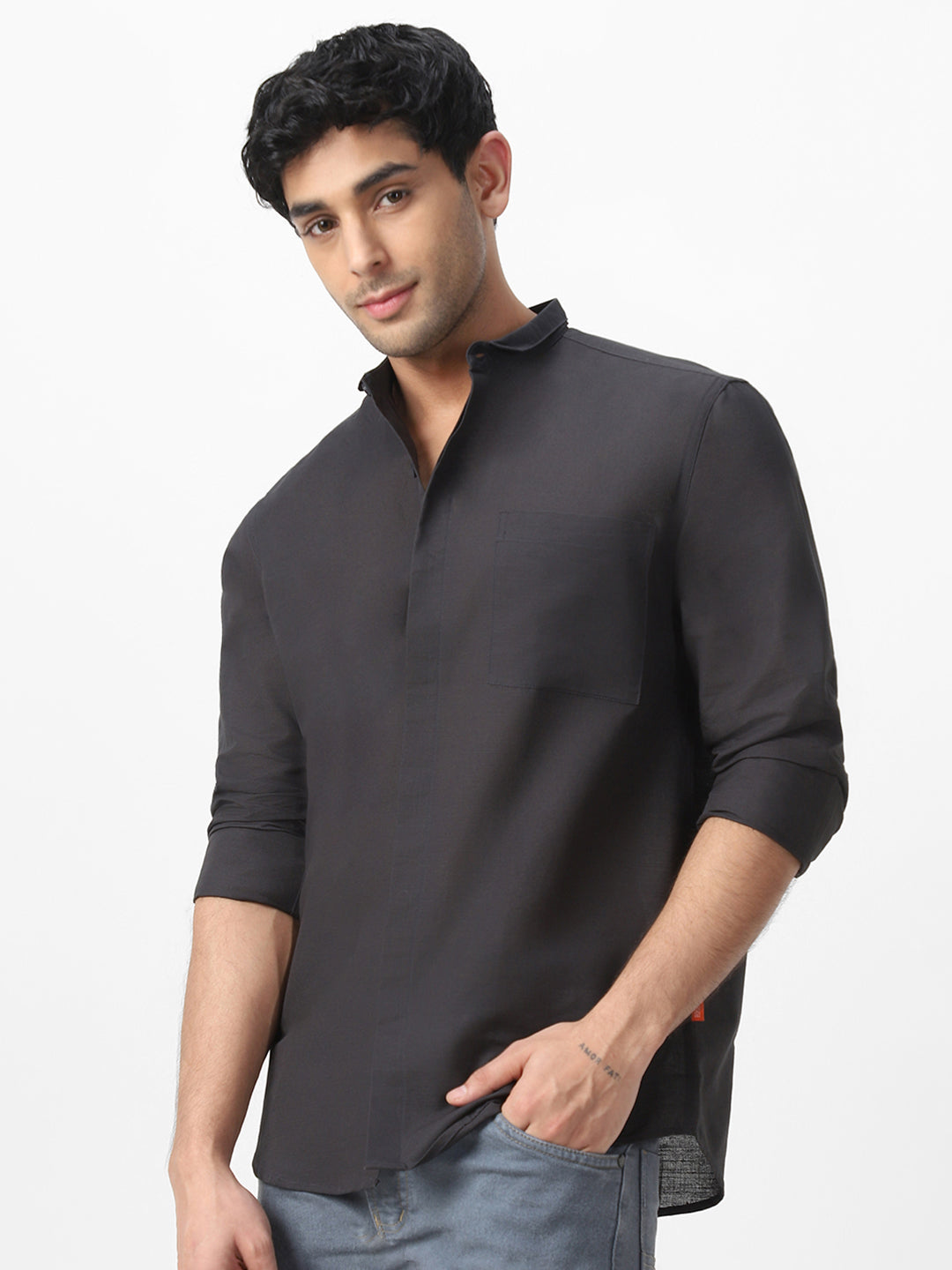 Men's Charcoal Cotton Full Sleeve Regular Fit Casual Solid Shirt with Band Collar