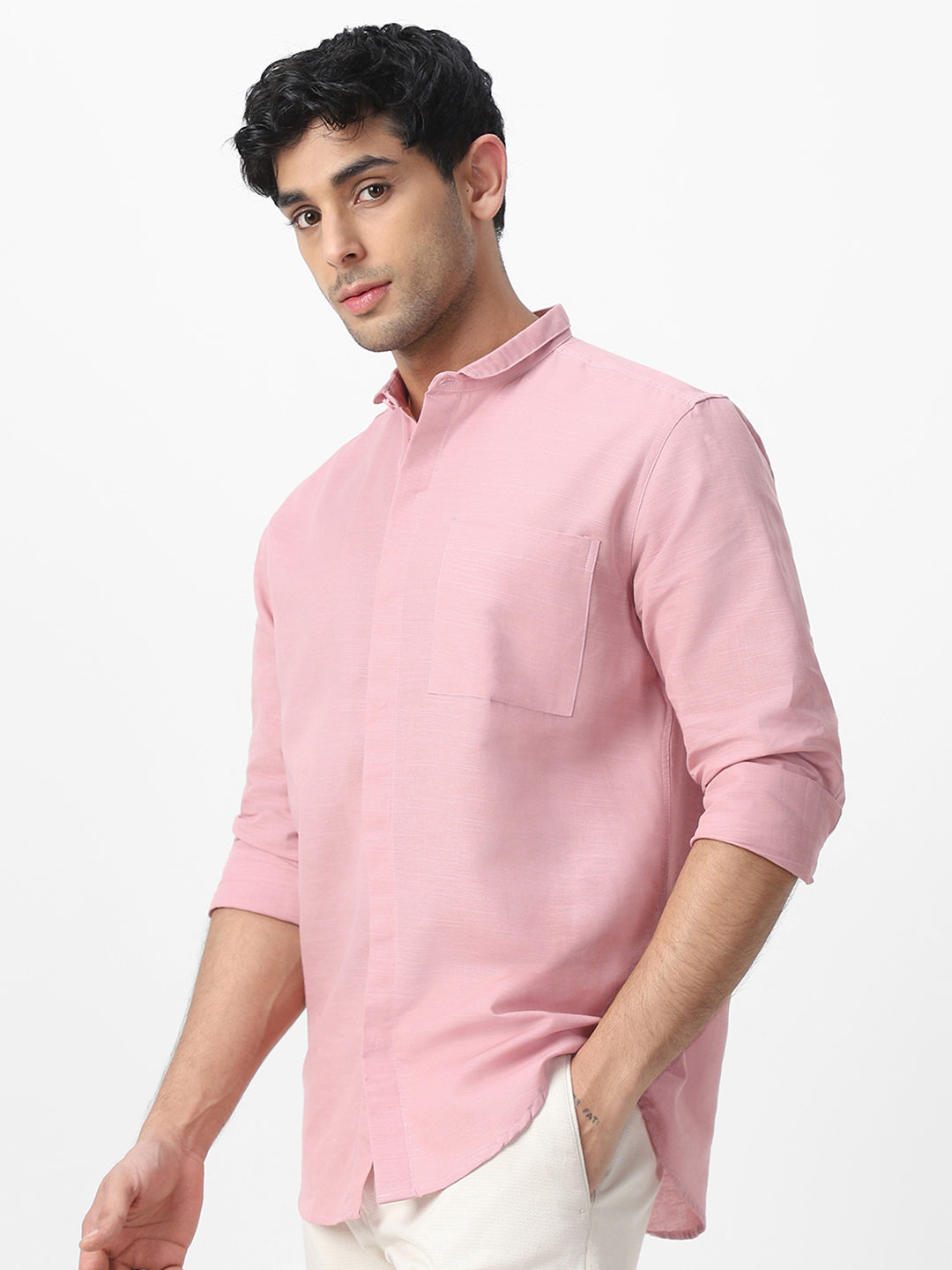 Men's Pink Cotton Full Sleeve Regular Fit Casual Solid Shirt with Band Collar