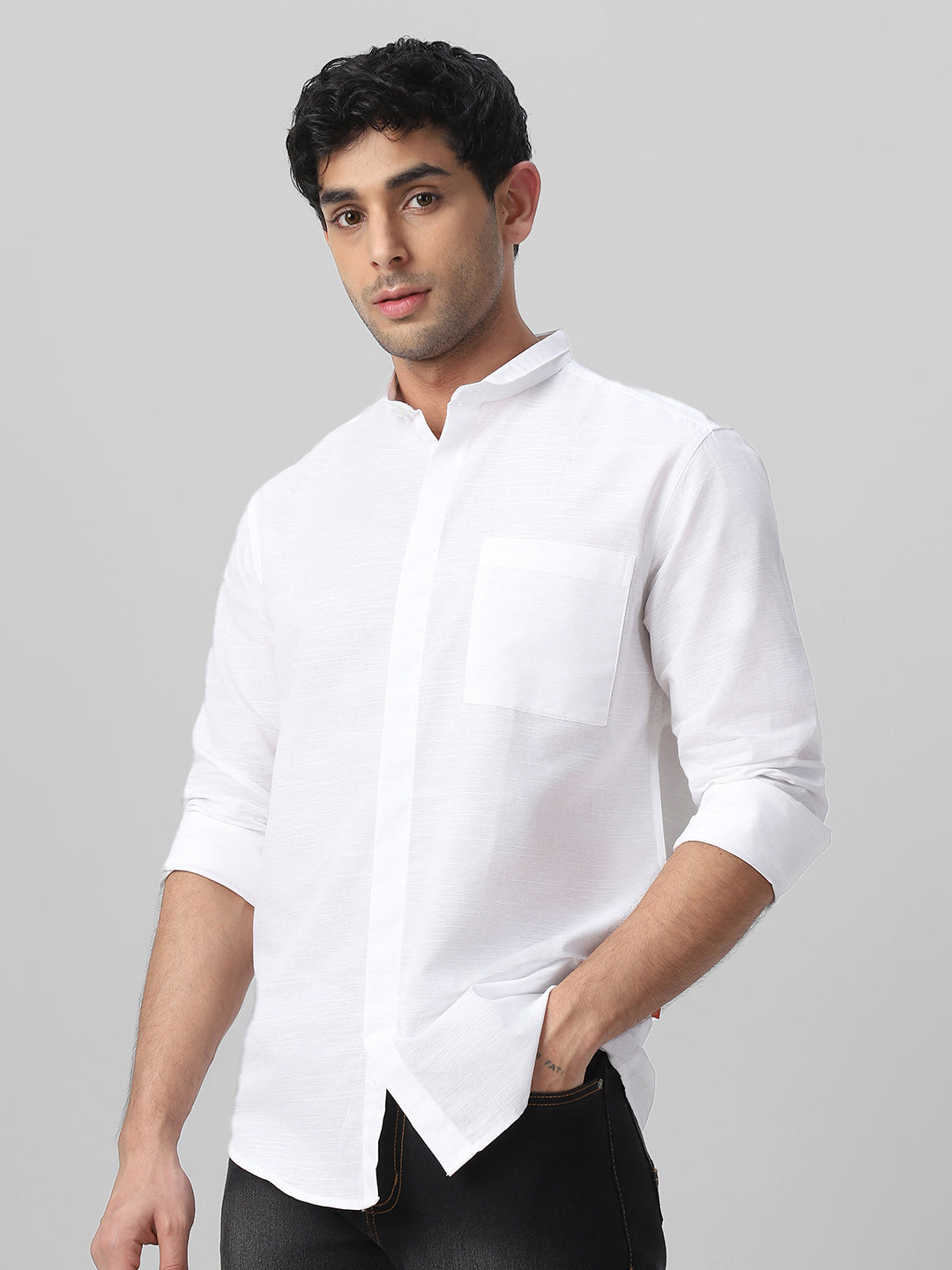 Men's White Cotton Full Sleeve Regular Fit Casual Solid Shirt with Band Collar