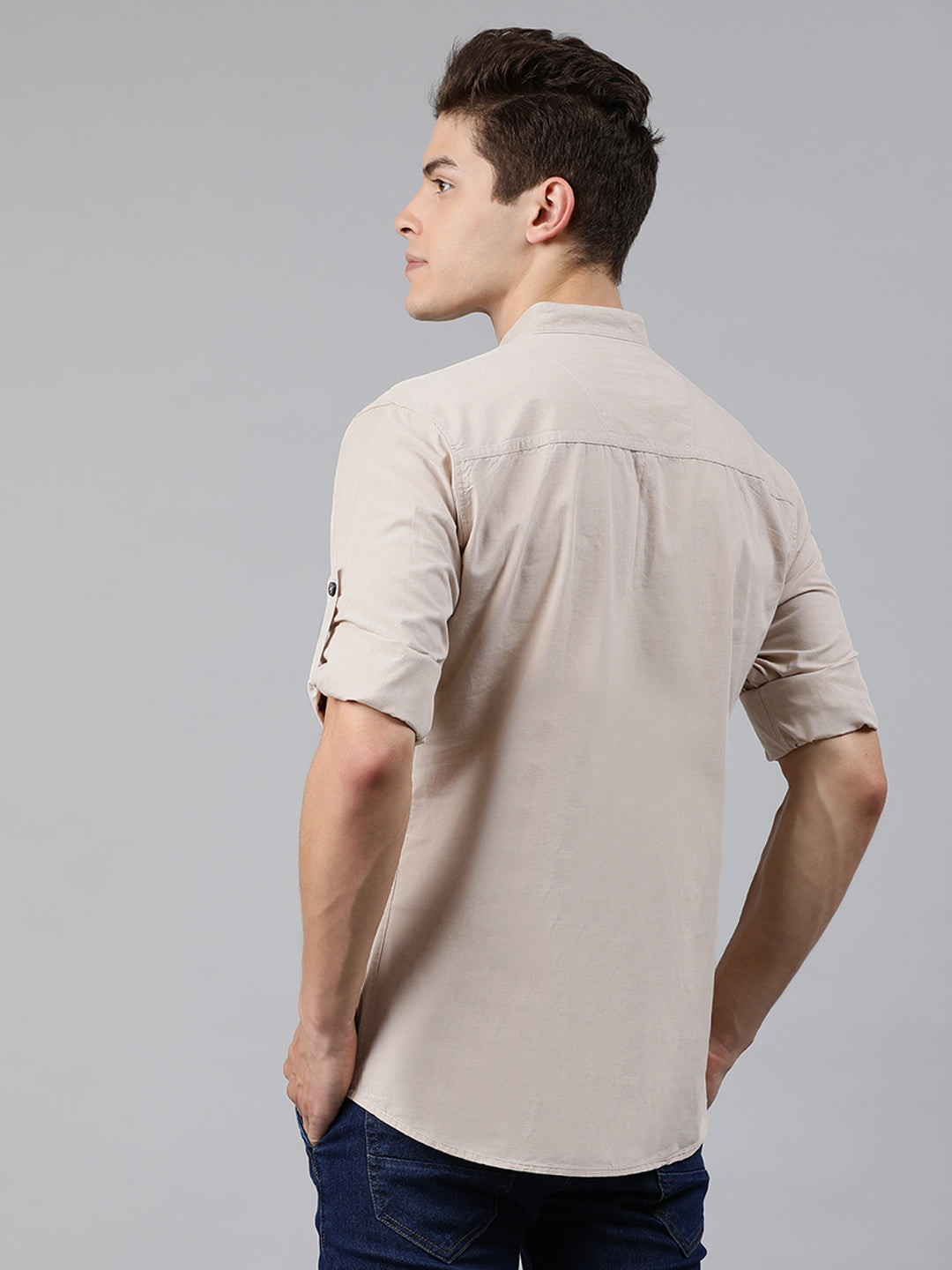 Men Beige Slim Fit Solid Casual Shirt