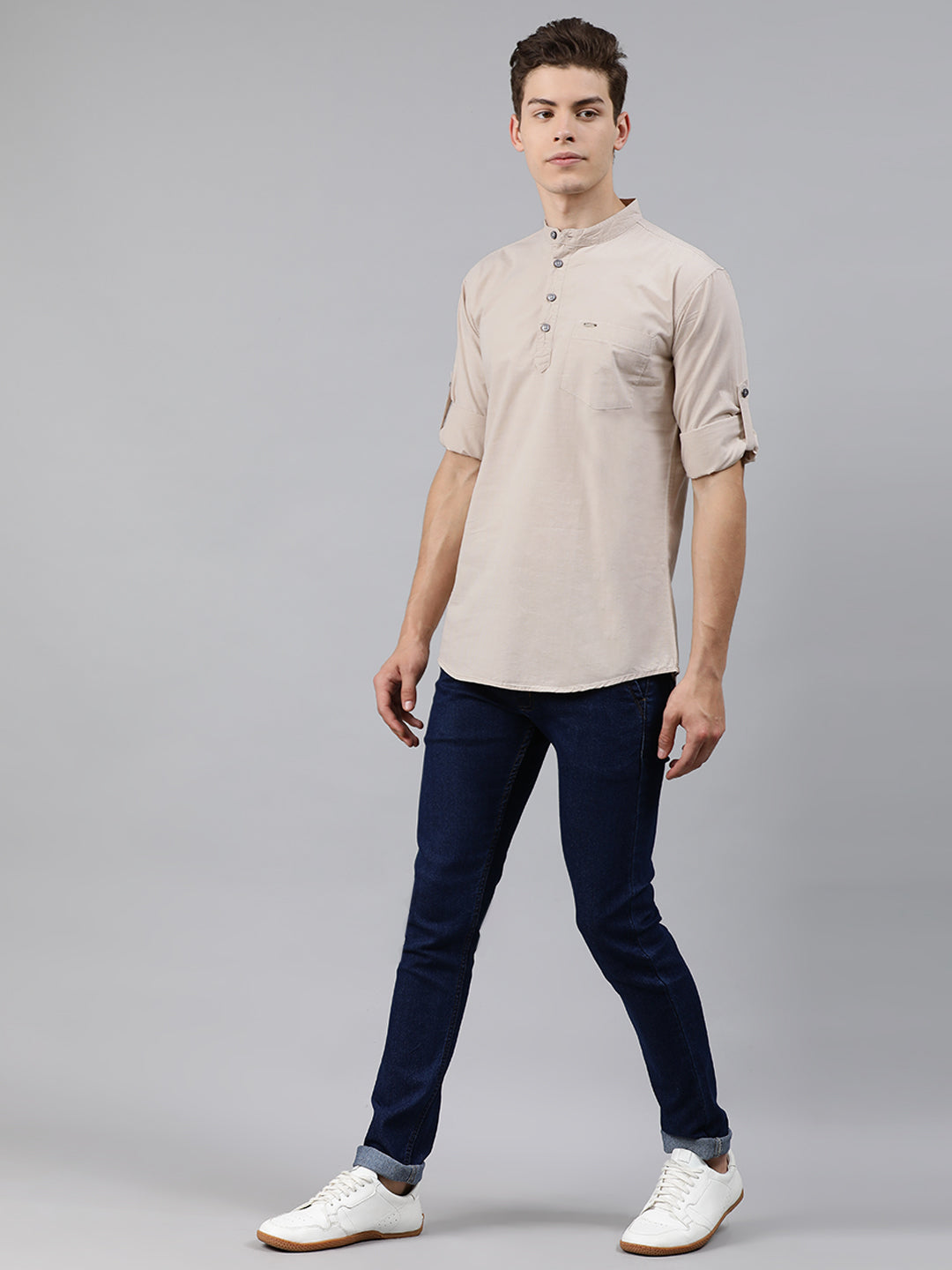 Men Beige Slim Fit Solid Casual Shirt