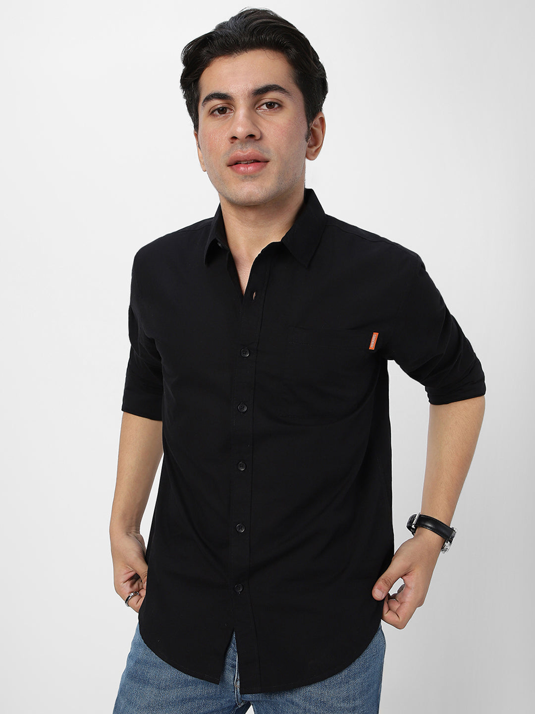 Men's Black Cotton Full Sleeve Regular Fit Casual Solid Shirt