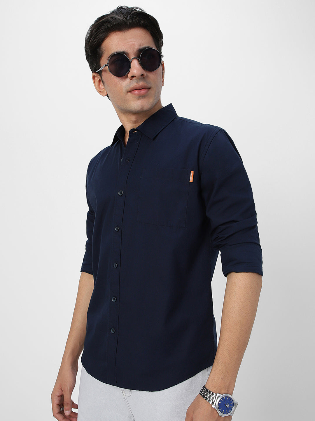 Men's Navy Cotton Full Sleeve Regular Fit Casual Solid Shirt