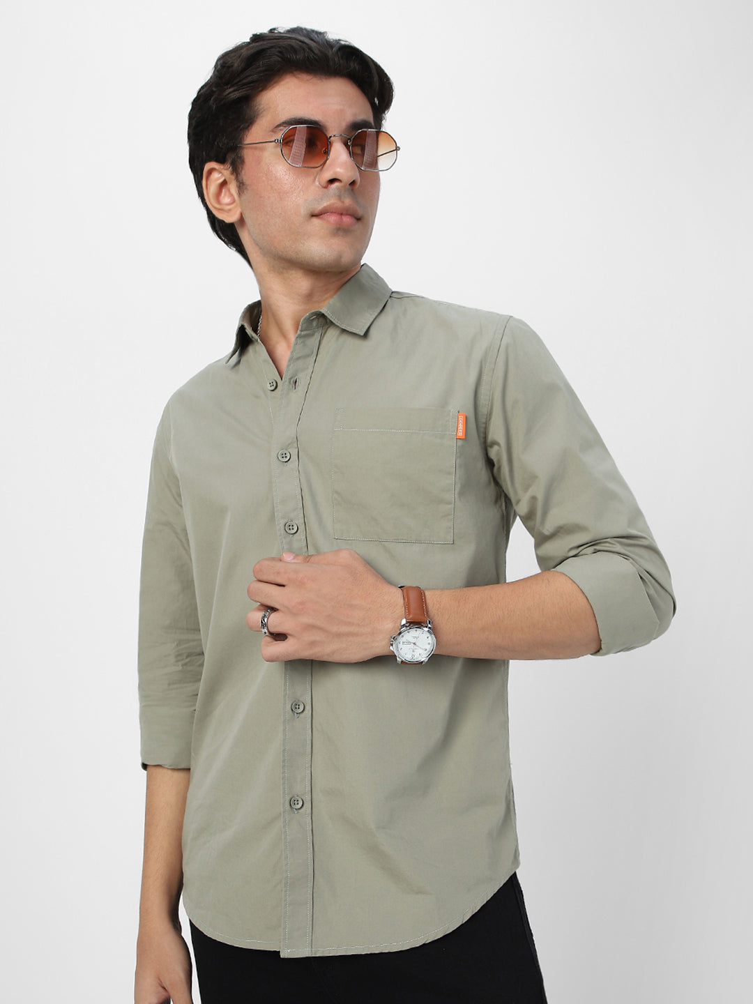 Men's Olive Cotton Full Sleeve Regular Fit Casual Solid Shirt