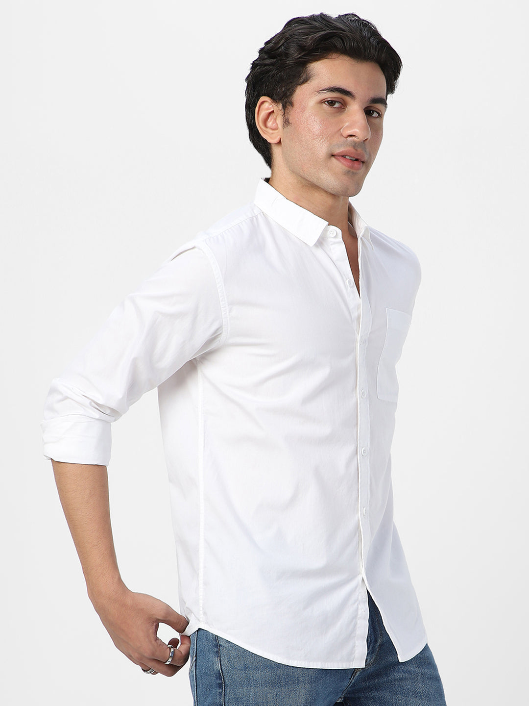 Men's White Cotton Full Sleeve Regular Fit Casual Solid Shirt