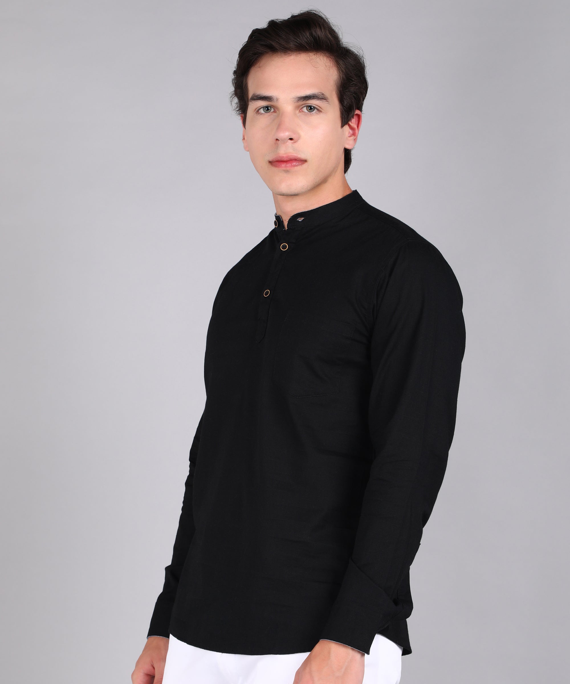 Men's Black Cotton Full Sleeve Slim Fit Solid Shirt with Mandarin Collar