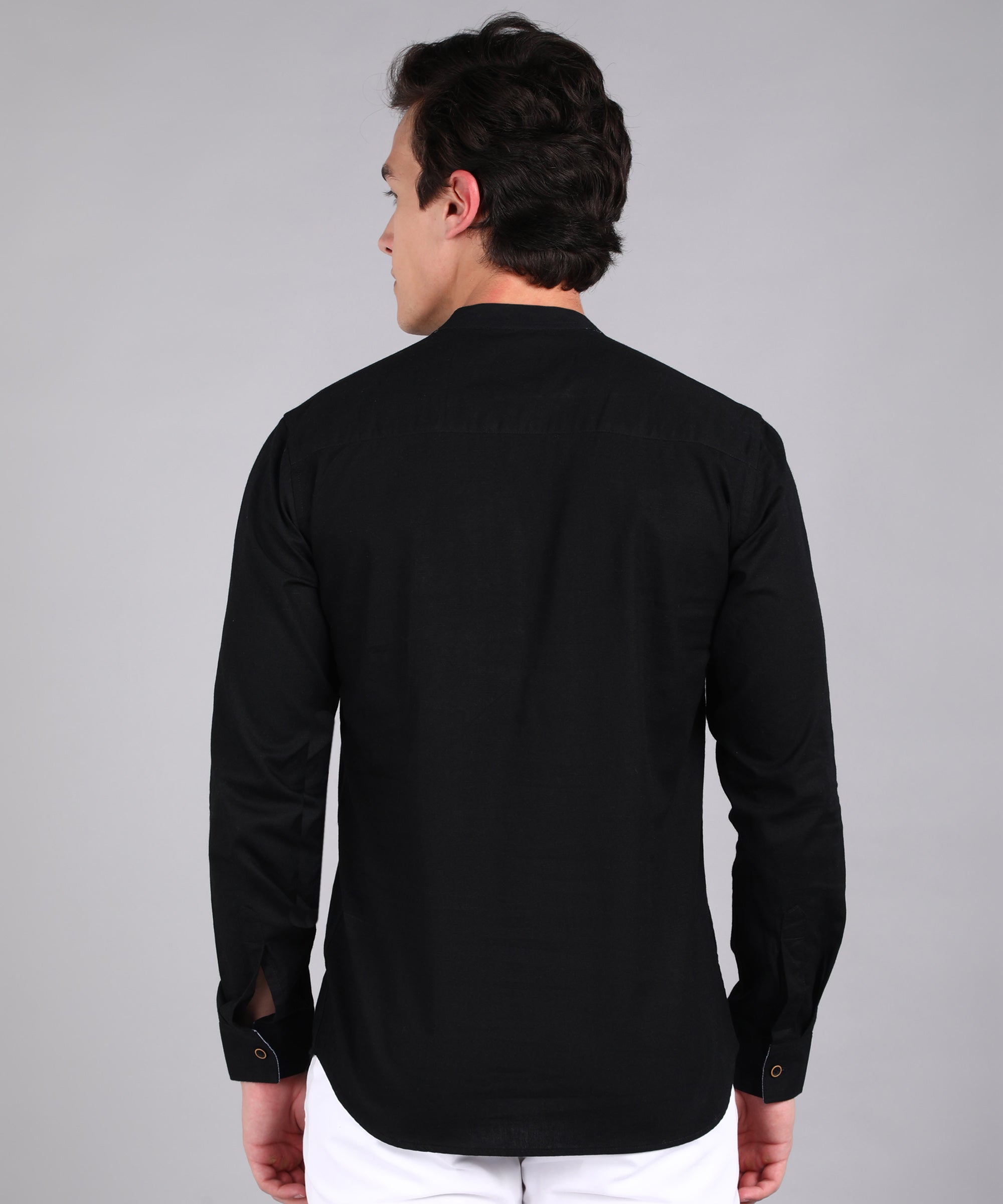 Men's Black Cotton Full Sleeve Slim Fit Solid Shirt with Mandarin Collar