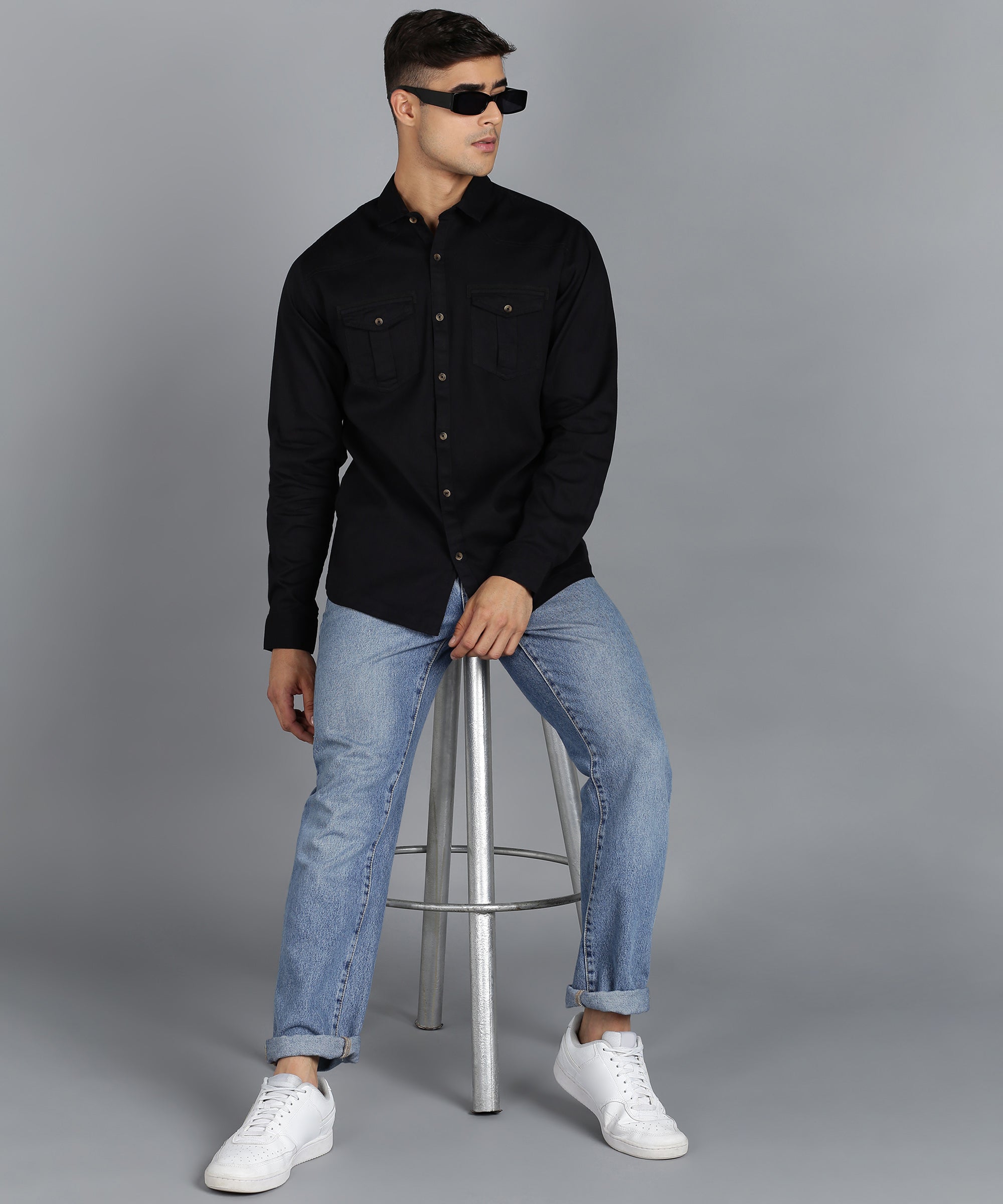 Men's Black Cotton Full Sleeve Slim Fit Casual Solid Shirt