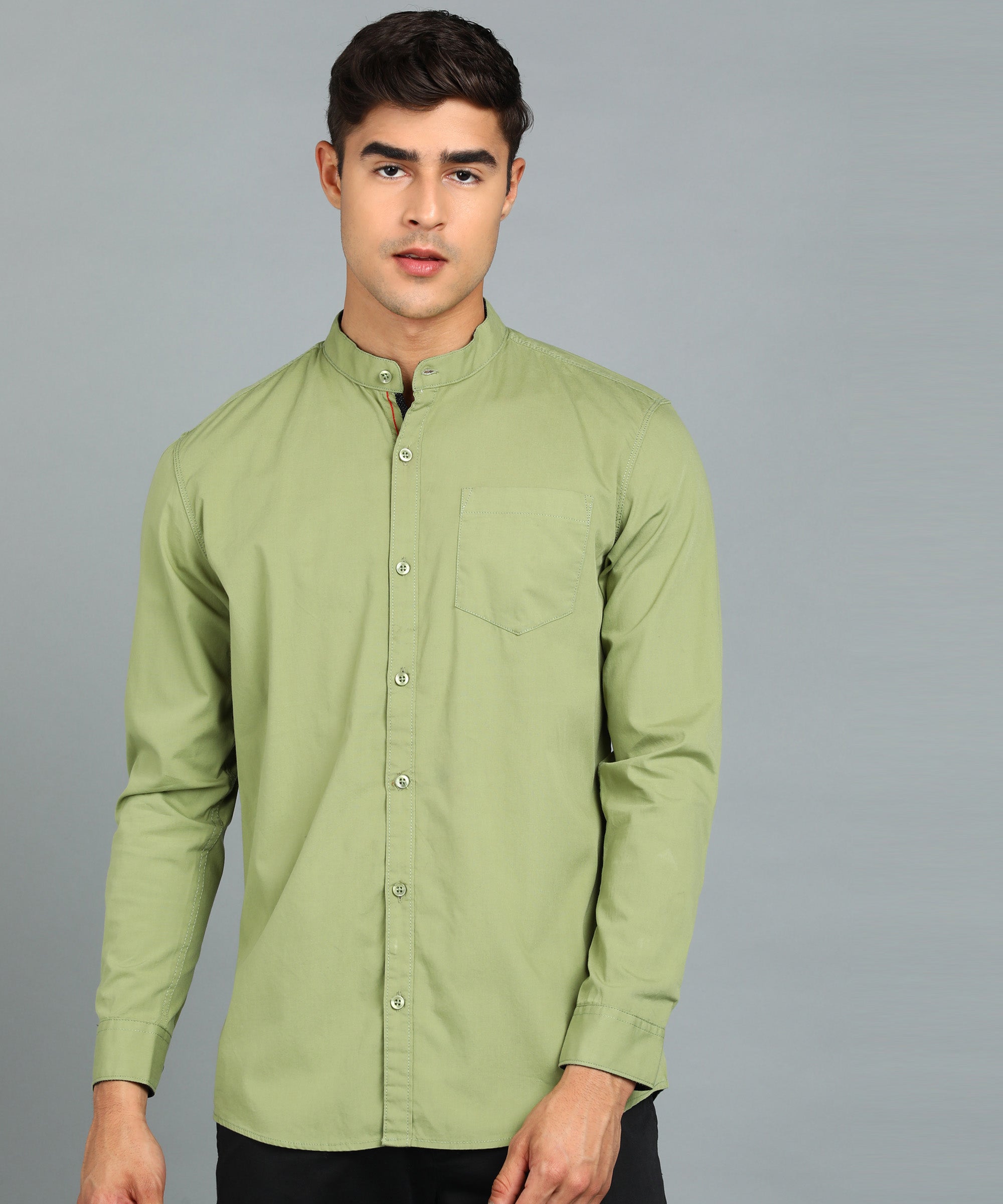 Men's Green Cotton Full Sleeve Slim Fit Solid Shirt with Mandarin Collar