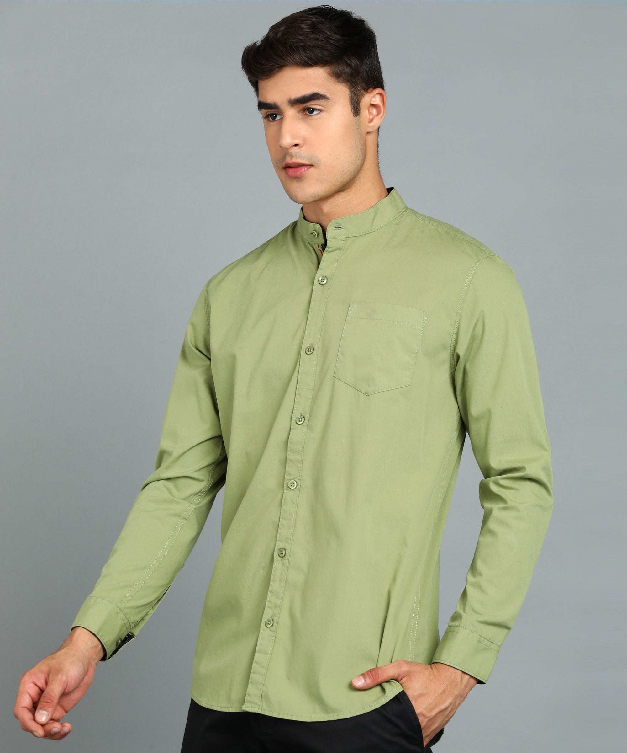 Men's Green Cotton Full Sleeve Slim Fit Solid Shirt with Mandarin Collar