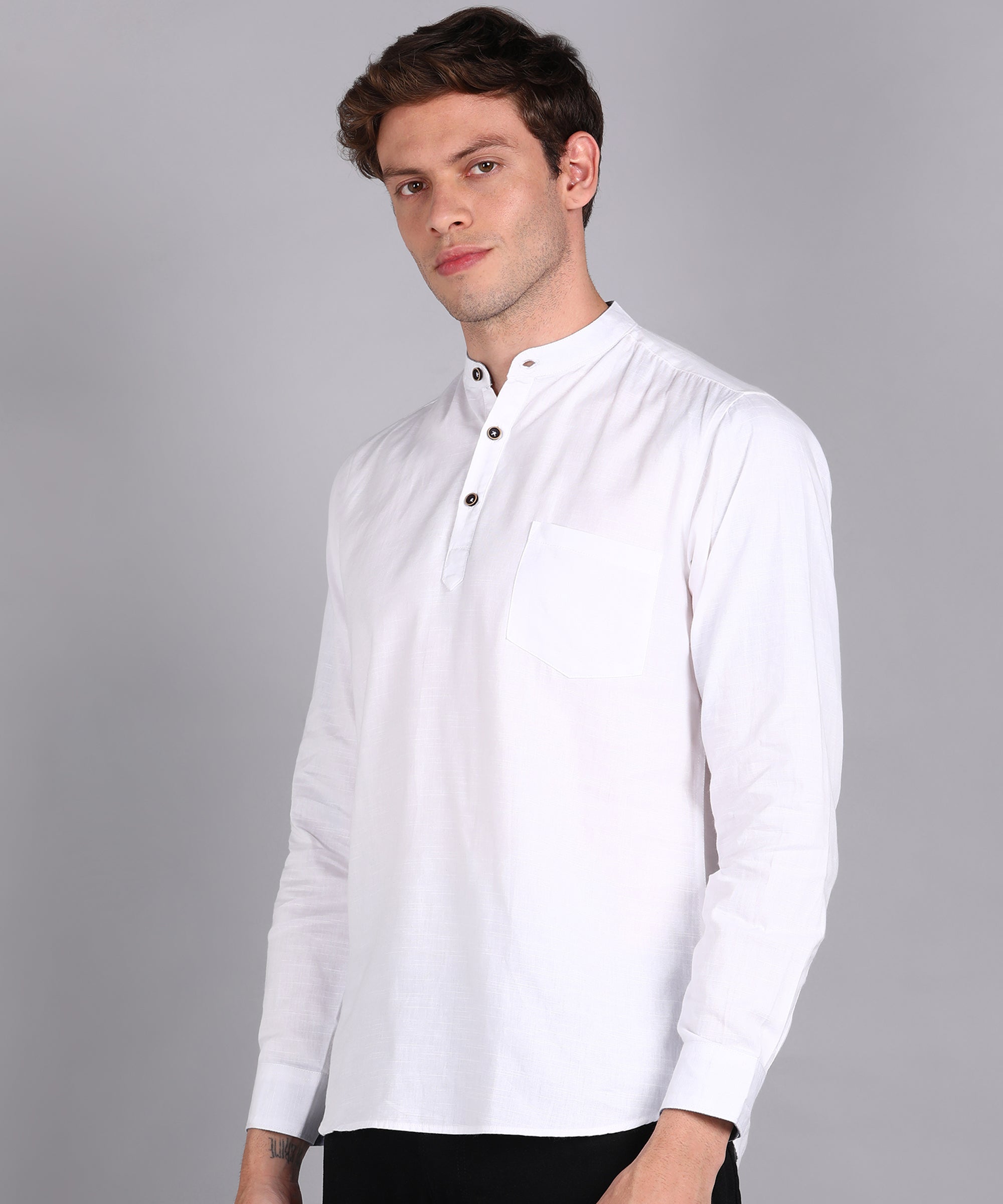 Men's White Cotton Full Sleeve Slim Fit Solid Shirt with Mandarin Collar