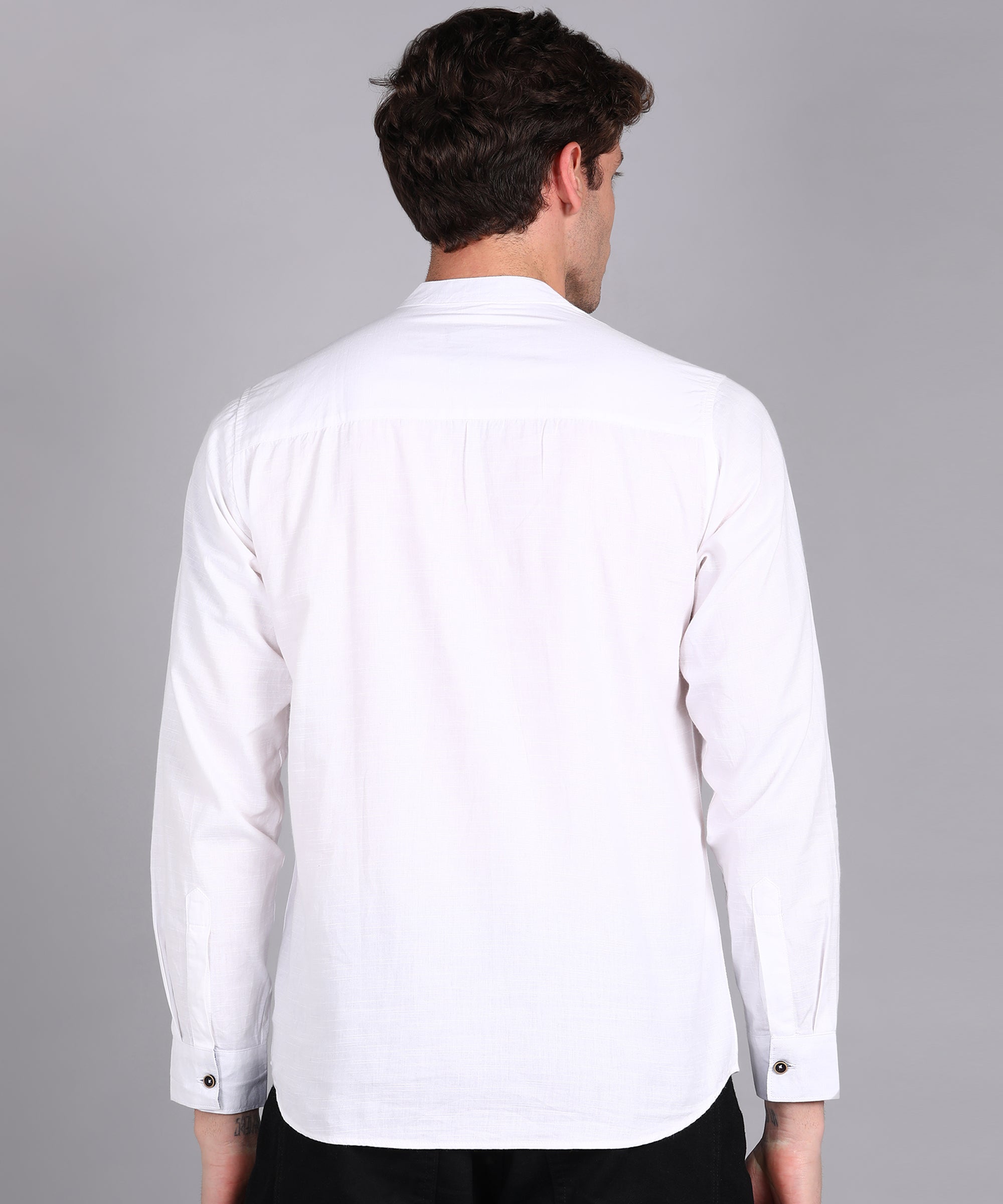 Men's White Cotton Full Sleeve Slim Fit Solid Shirt with Mandarin Collar