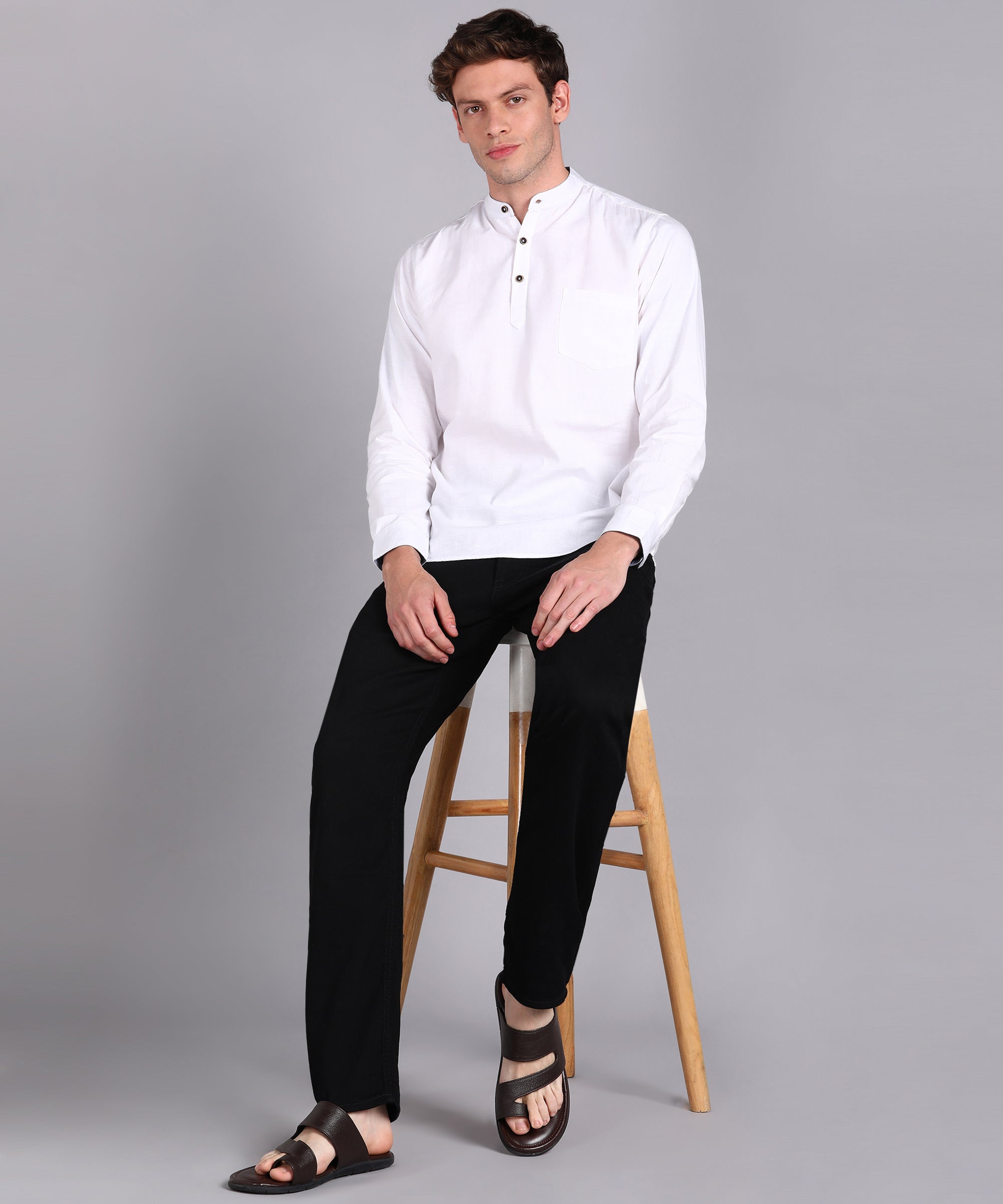 Men's White Cotton Full Sleeve Slim Fit Solid Shirt with Mandarin Collar