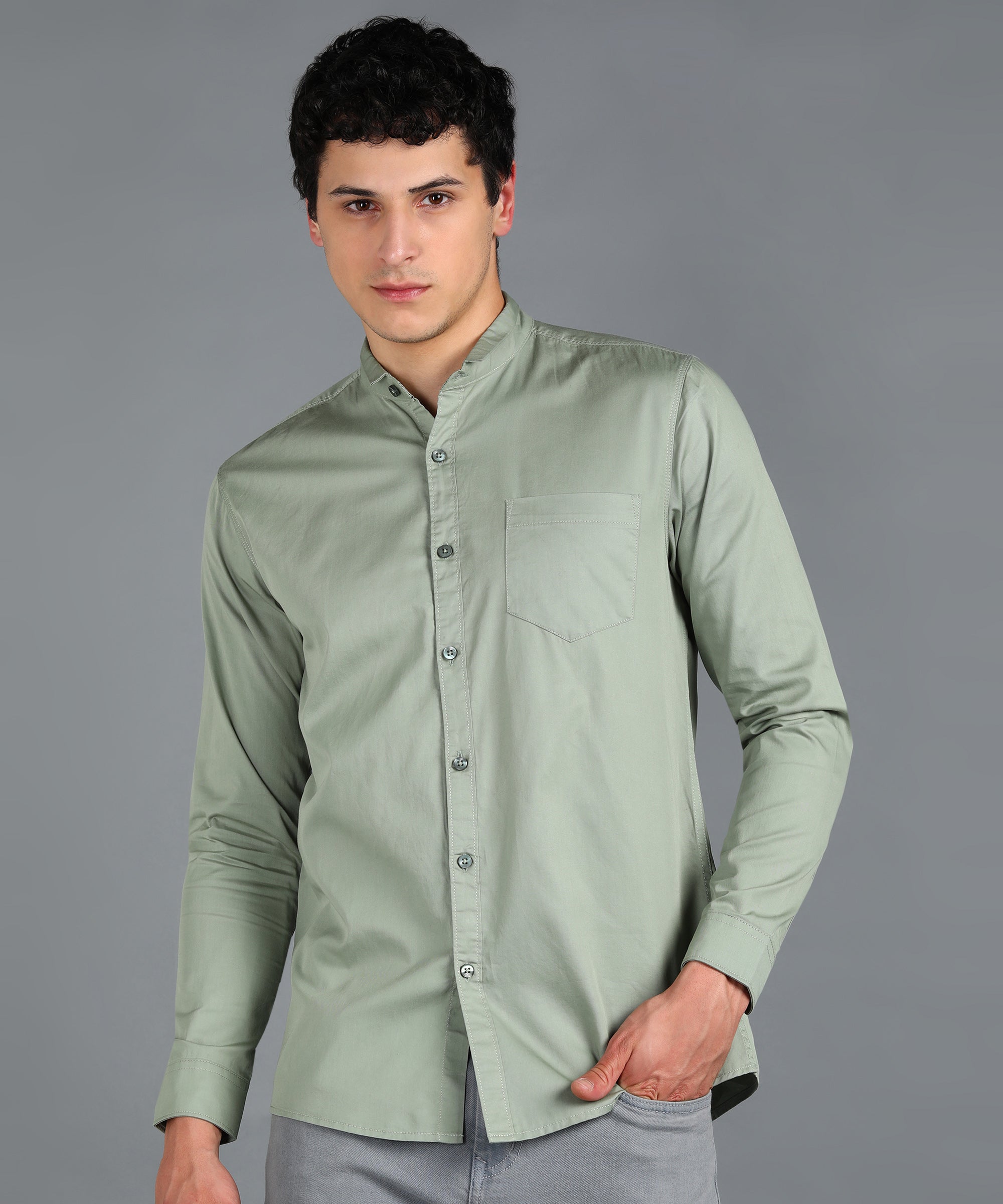 Men's Green Cotton Full Sleeve Slim Fit Solid Shirt with Mandarin Collar