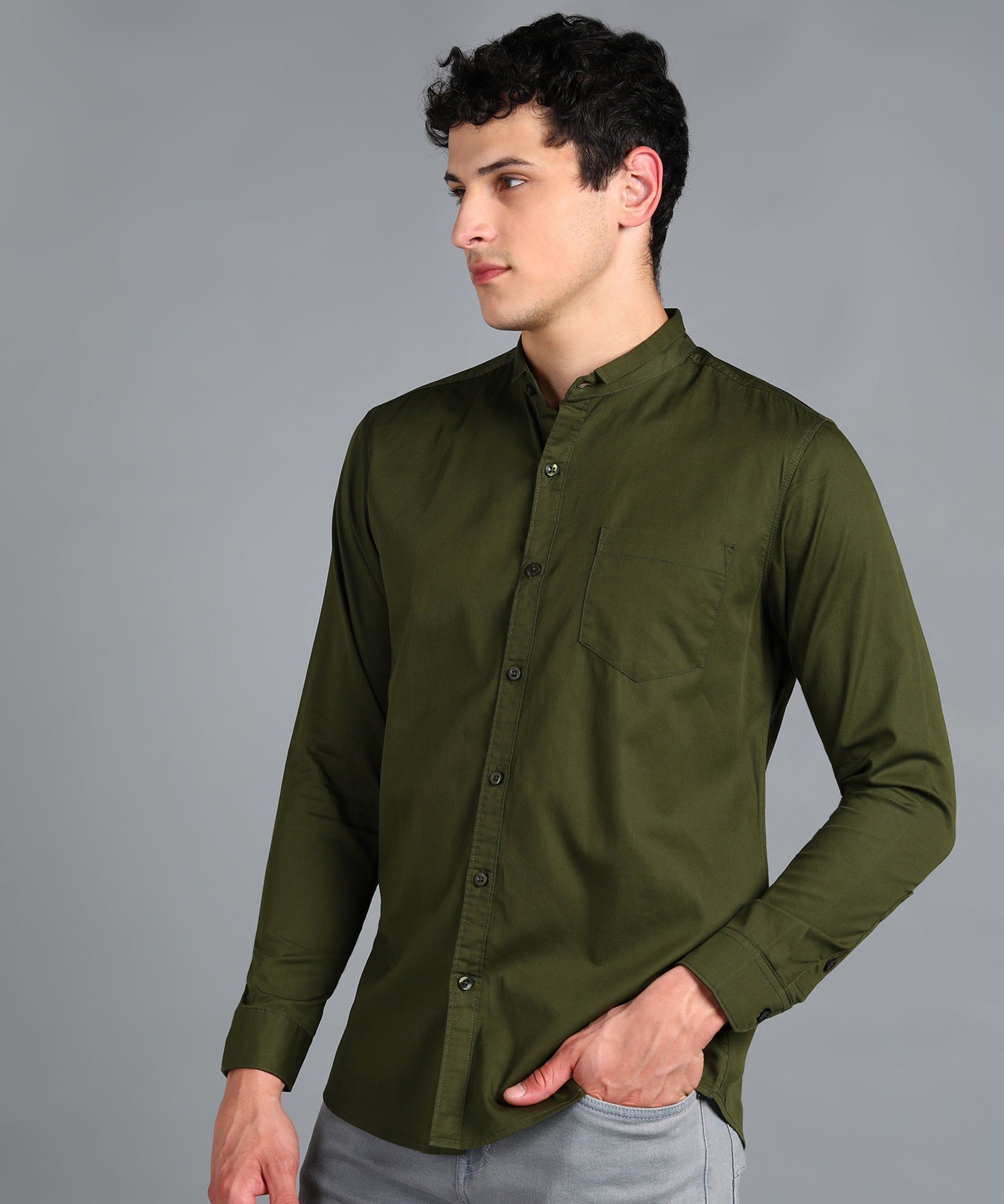 Men's Green Cotton Full Sleeve Slim Fit Solid Shirt with Mandarin Collar