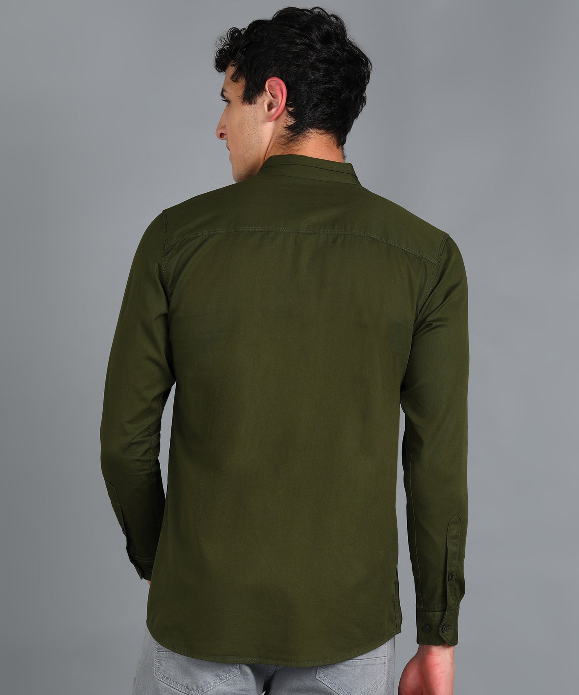 Men's Green Cotton Full Sleeve Slim Fit Solid Shirt with Mandarin Collar